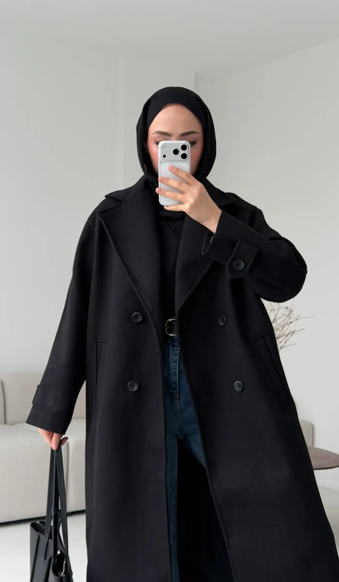 Çift Dügmeli Uzun Kaşe Kaban Siyah - Görsel 4