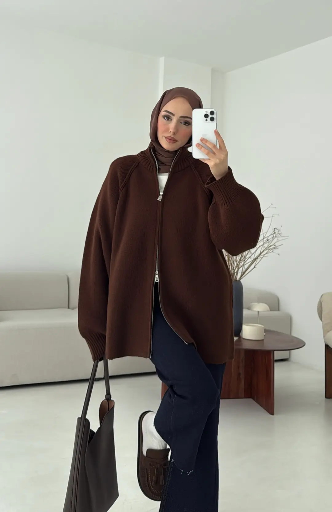 Çift Fermuarlı Hırka Kahve