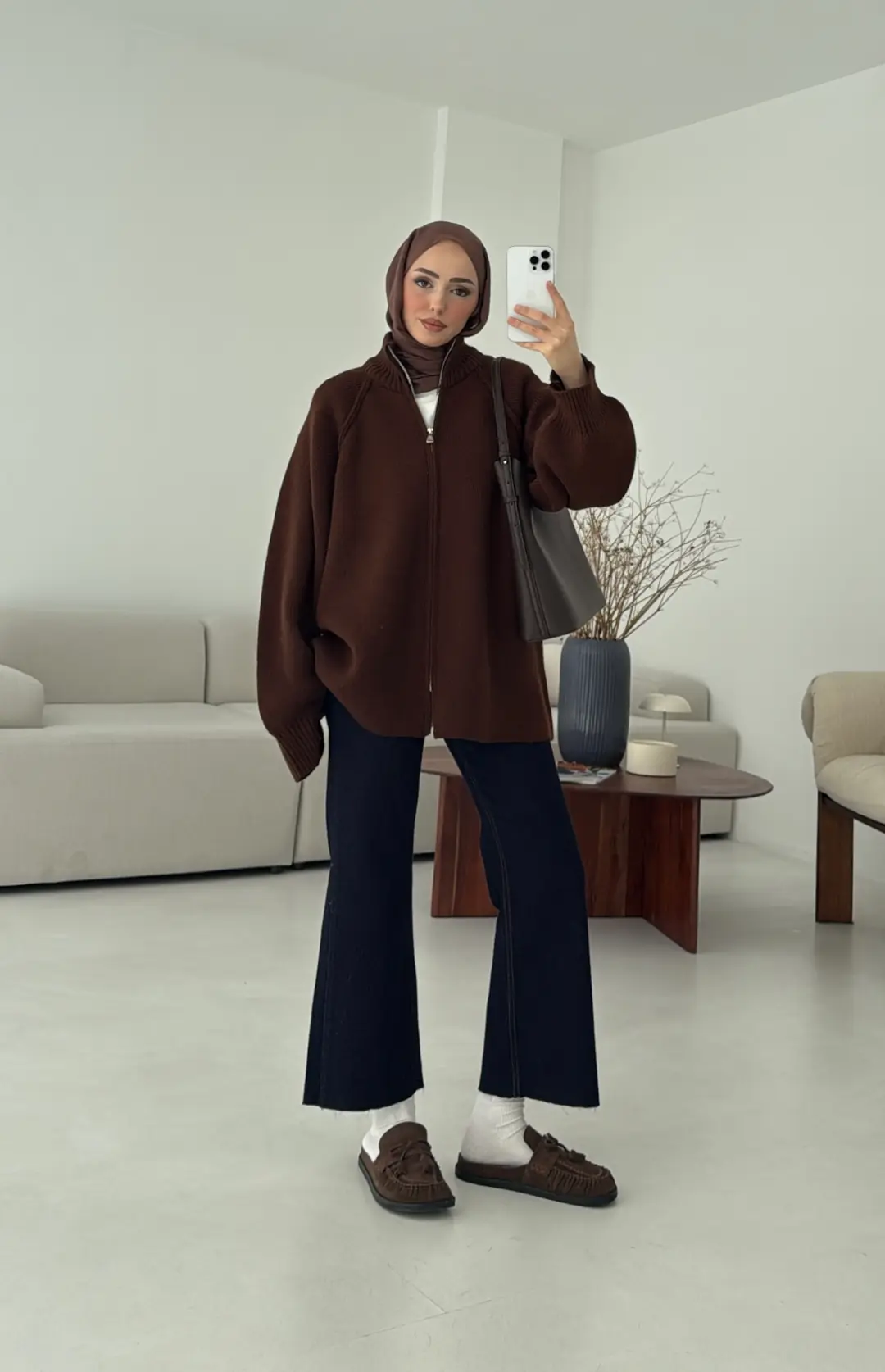 Çift Fermuarlı Hırka Kahve - Görsel 2