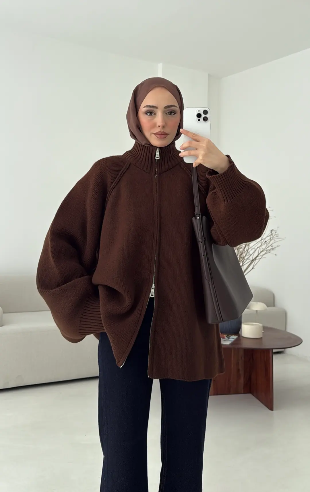 Çift Fermuarlı Hırka Kahve - Görsel 4