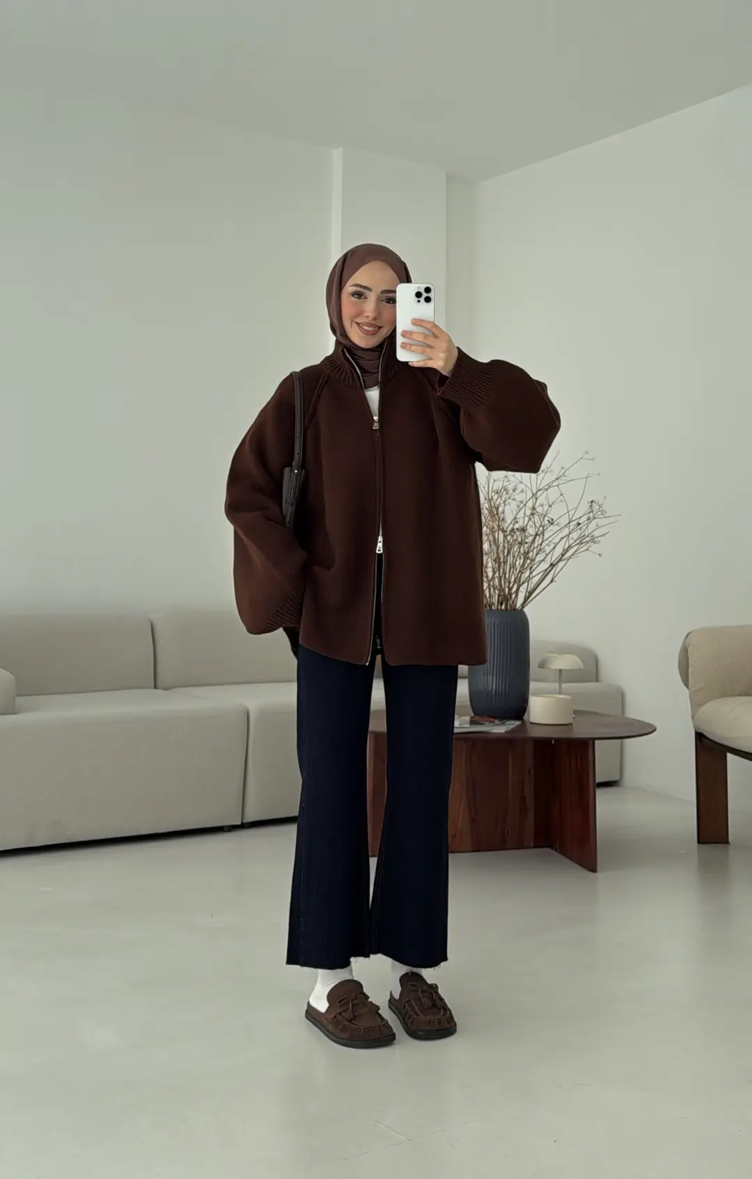 Çift Fermuarlı Hırka Kahve - Görsel 5