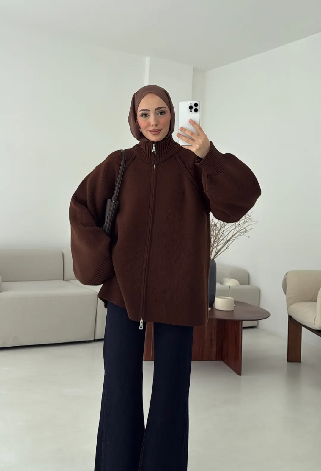 Çift Fermuarlı Hırka Kahve - Görsel 6