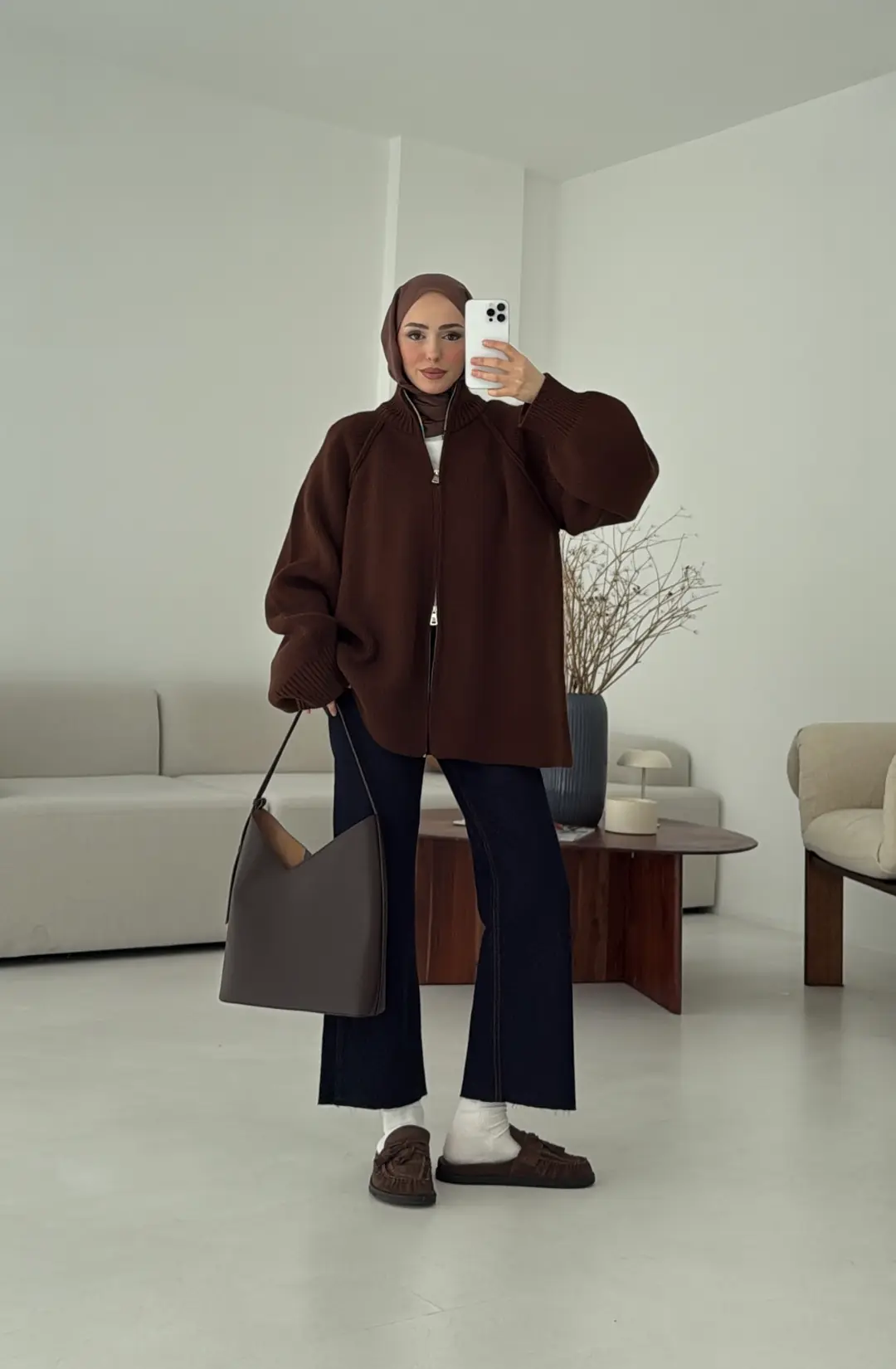 Çift Fermuarlı Hırka Kahve - Görsel 9