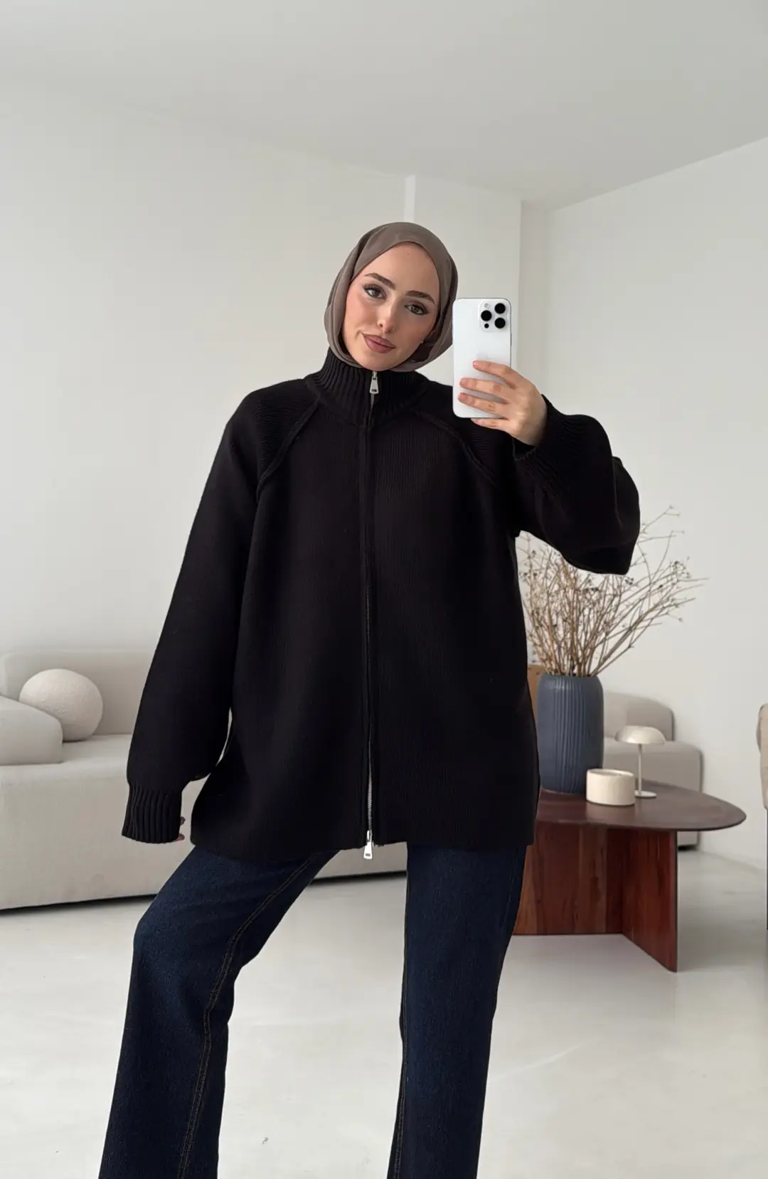 Çift Fermuarlı Hırka Siyah - Görsel 7