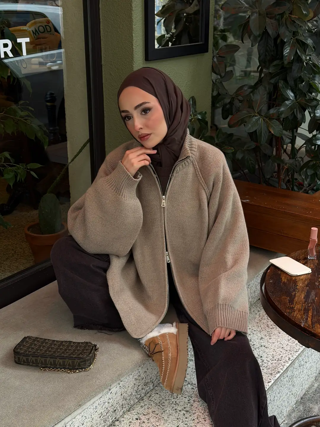 Çift Fermuarlı Hırka Vizon - Görsel 4