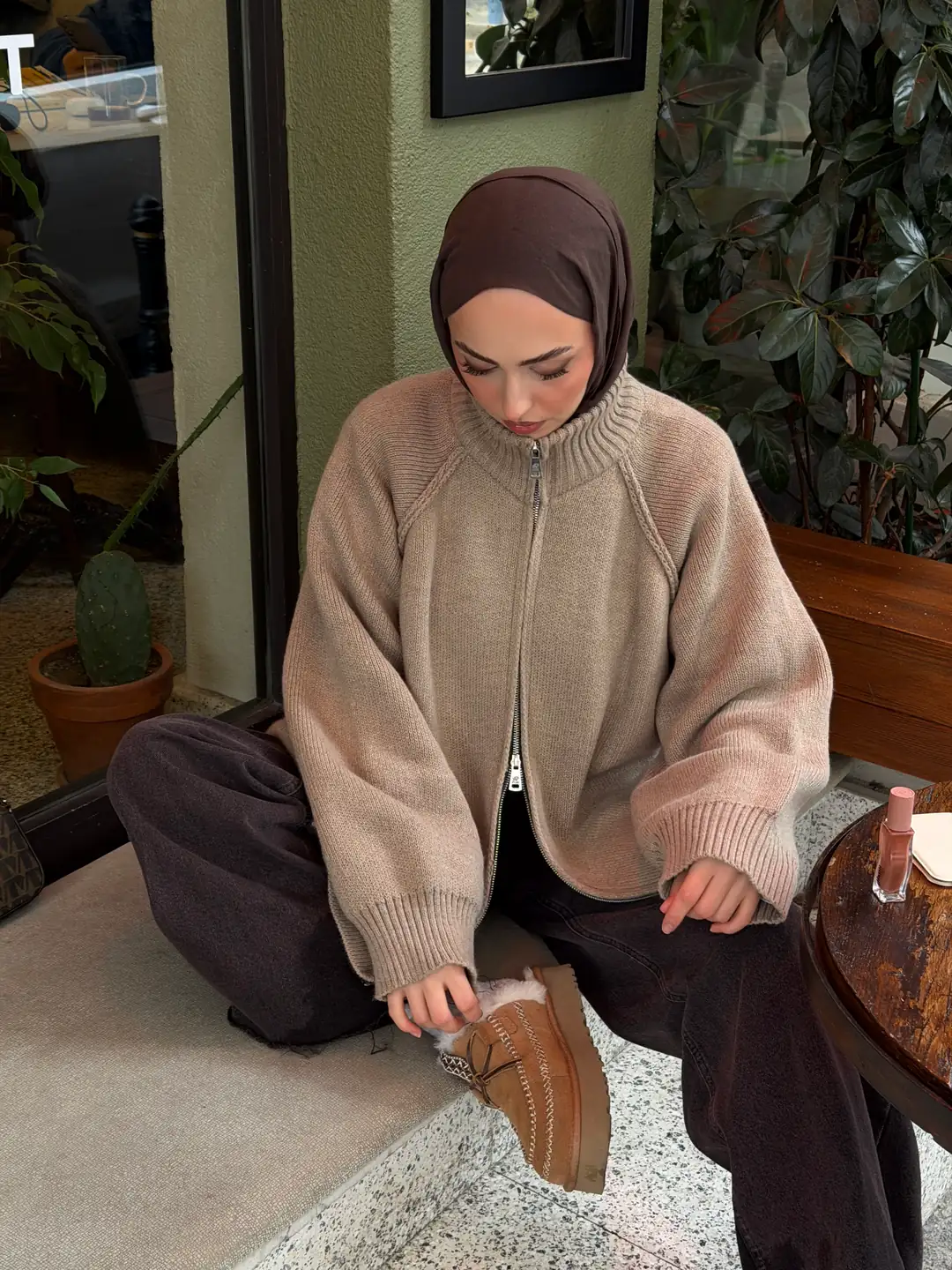 Çift Fermuarlı Hırka Vizon - Görsel 8