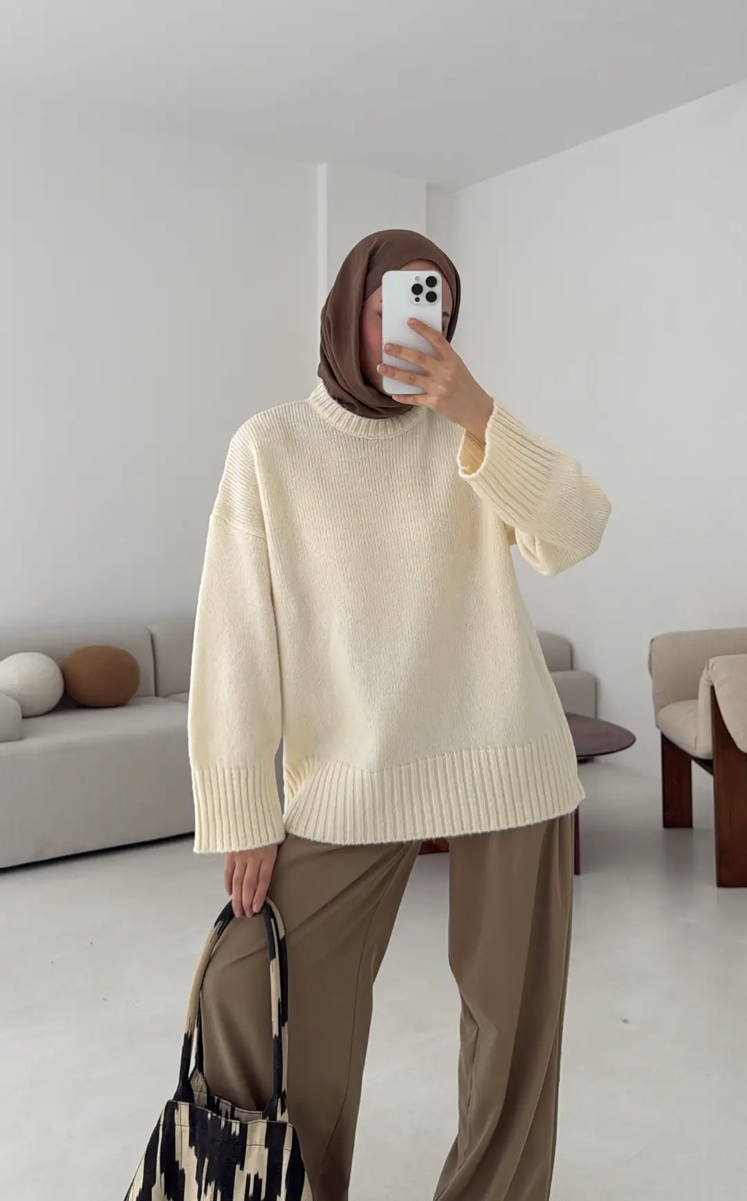 Çift Kat Triko Kazak Krem