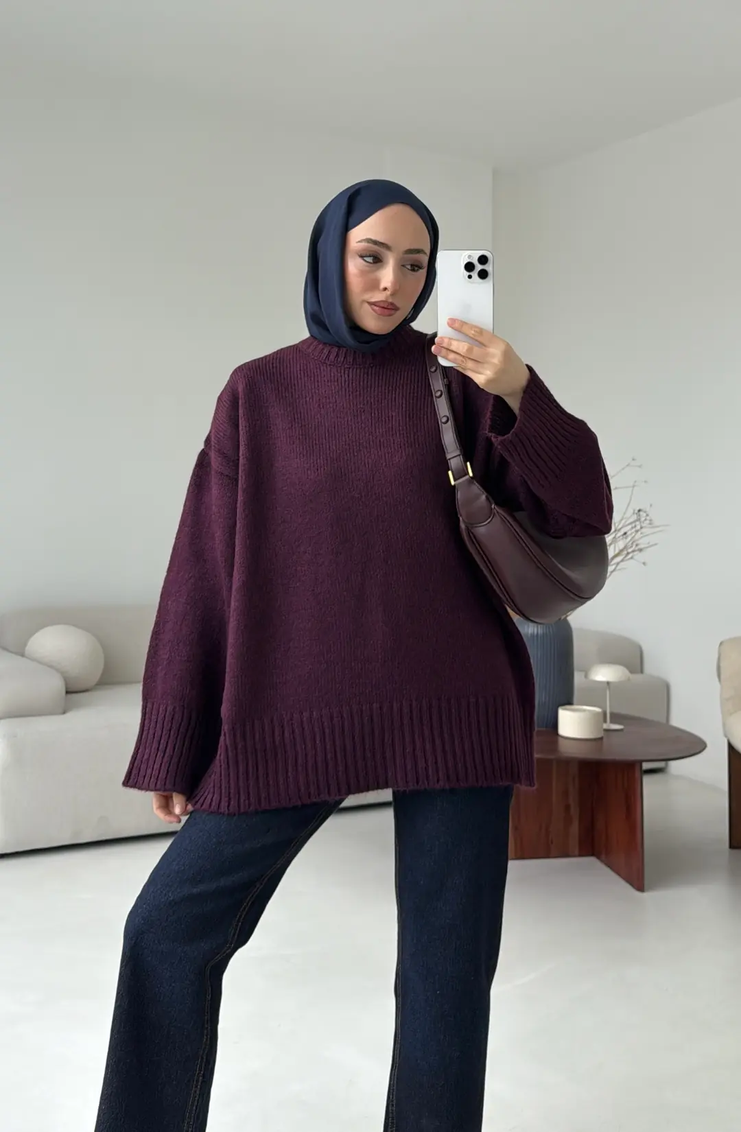 Çift Kat Triko Kazak Mürdüm