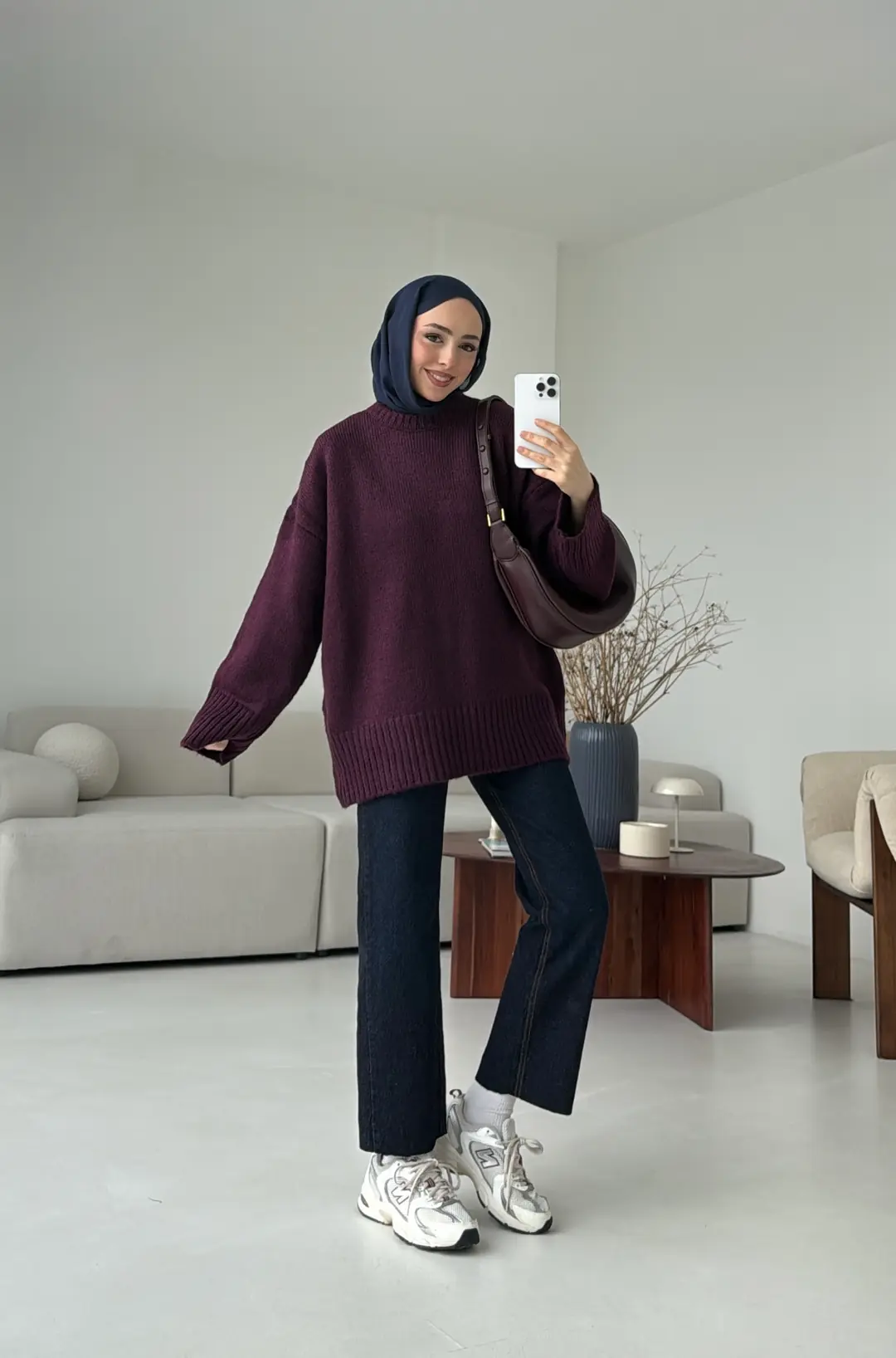 Çift Kat Triko Kazak Mürdüm - Görsel 2