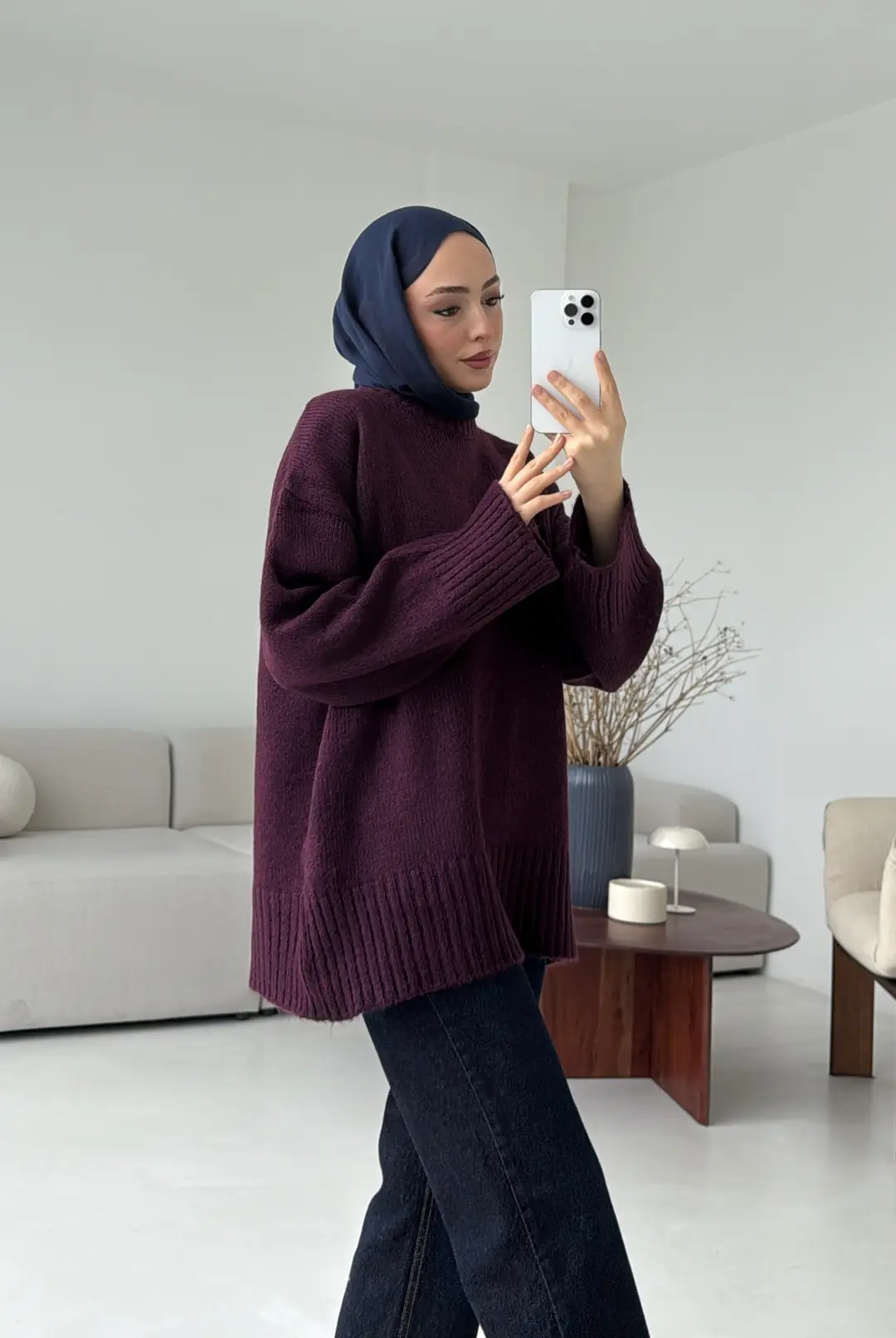 Çift Kat Triko Kazak Mürdüm - Görsel 3