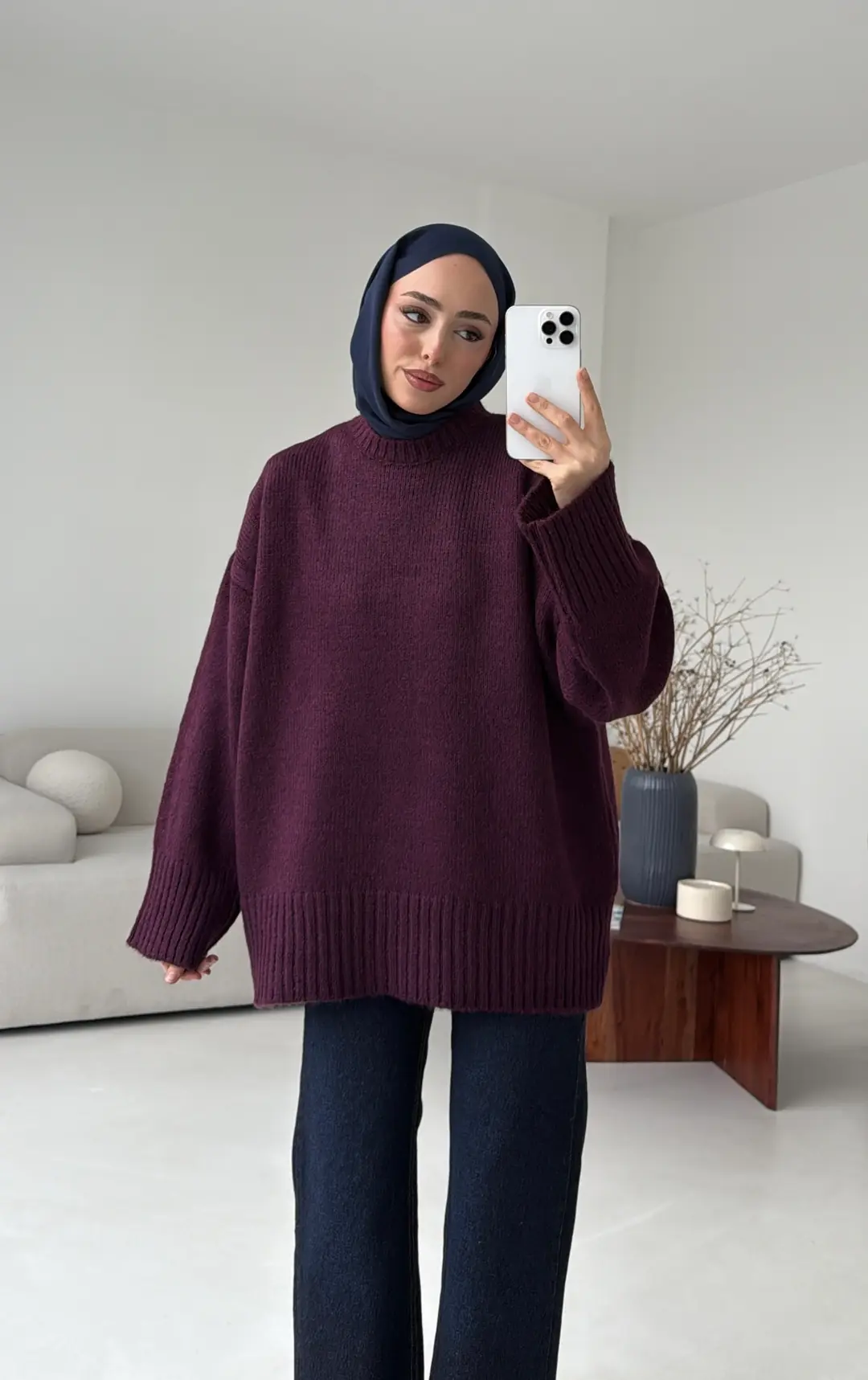 Çift Kat Triko Kazak Mürdüm - Görsel 6