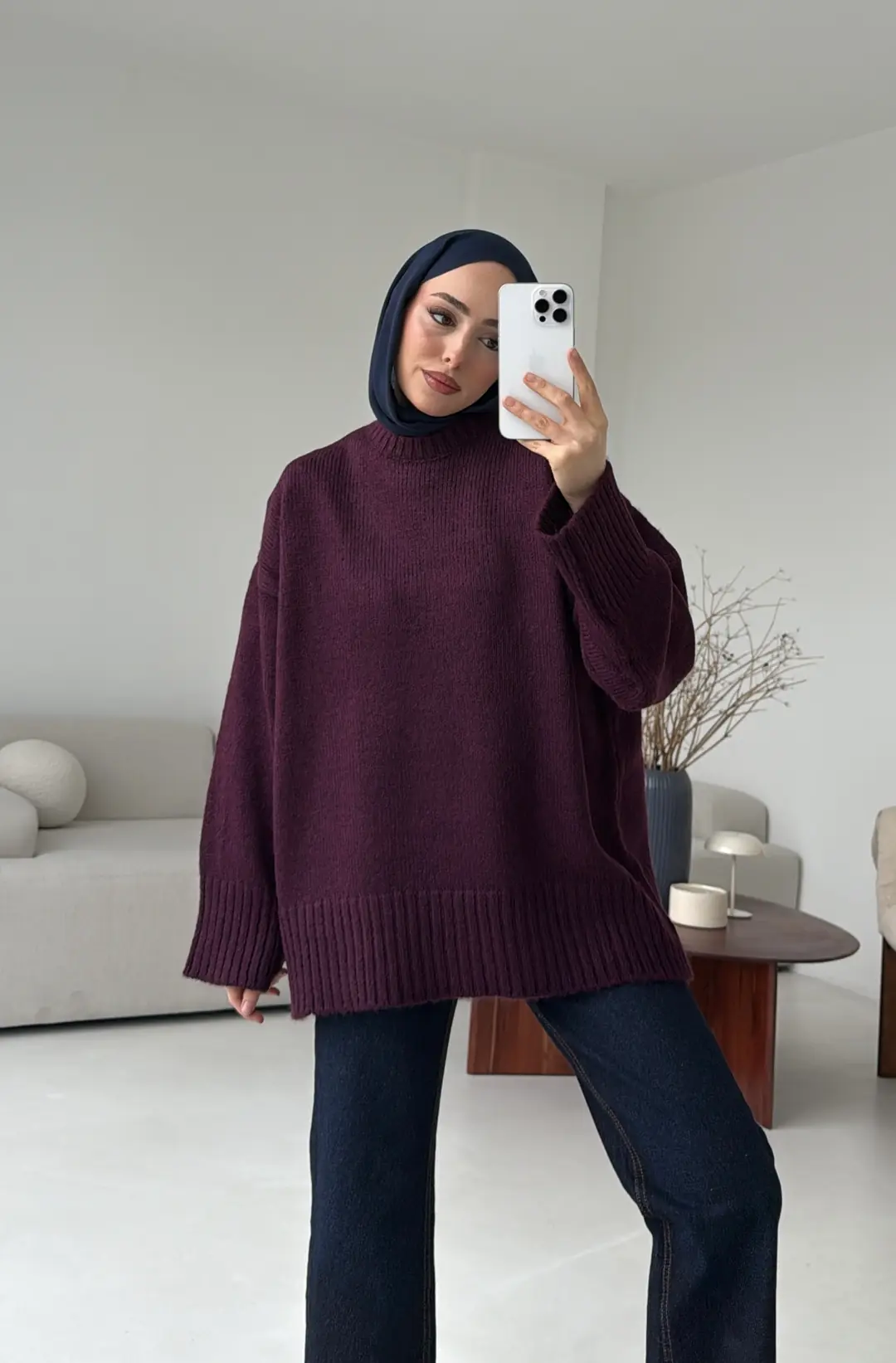 Çift Kat Triko Kazak Mürdüm - Görsel 8