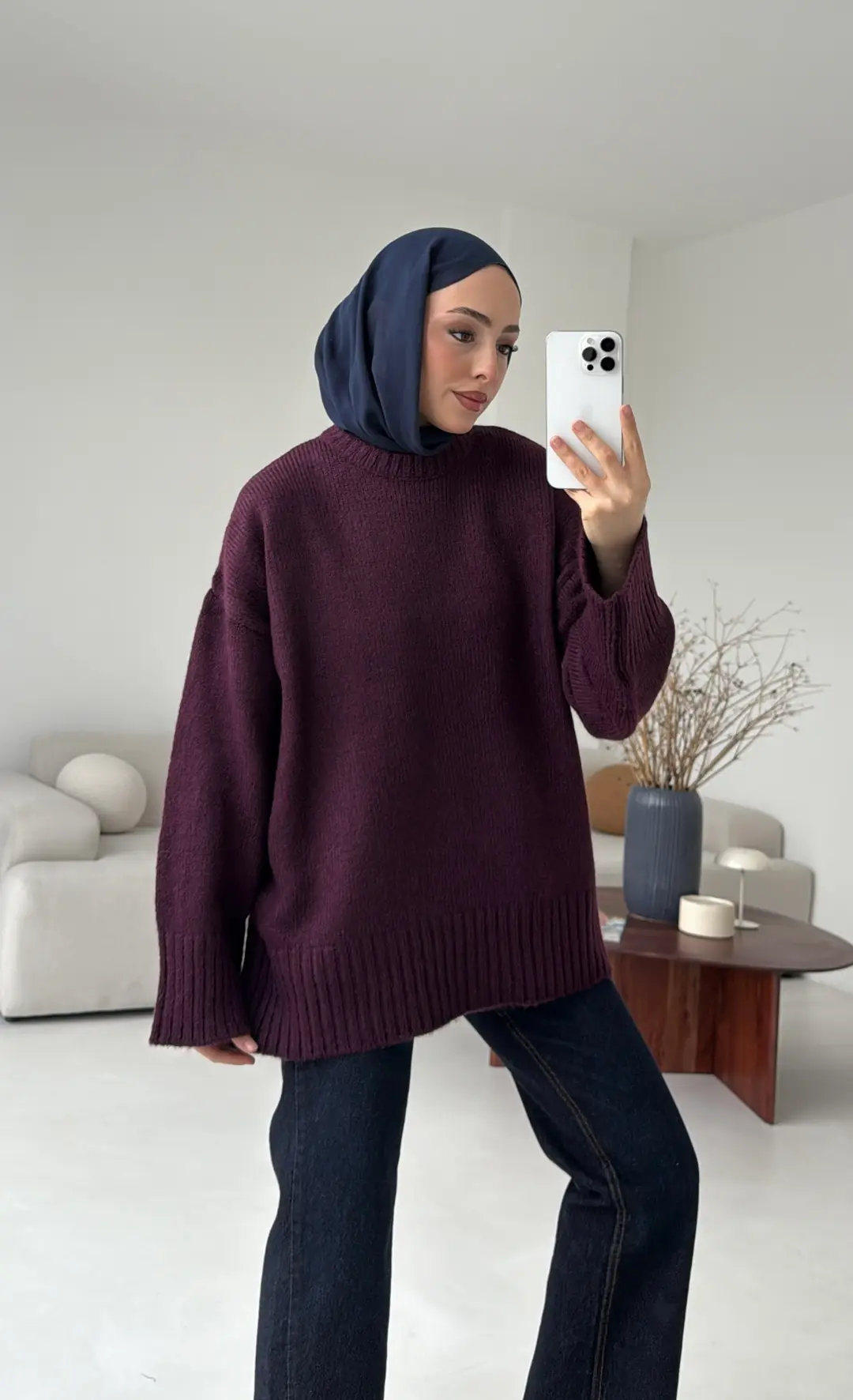 Çift Kat Triko Kazak Mürdüm - Görsel 9