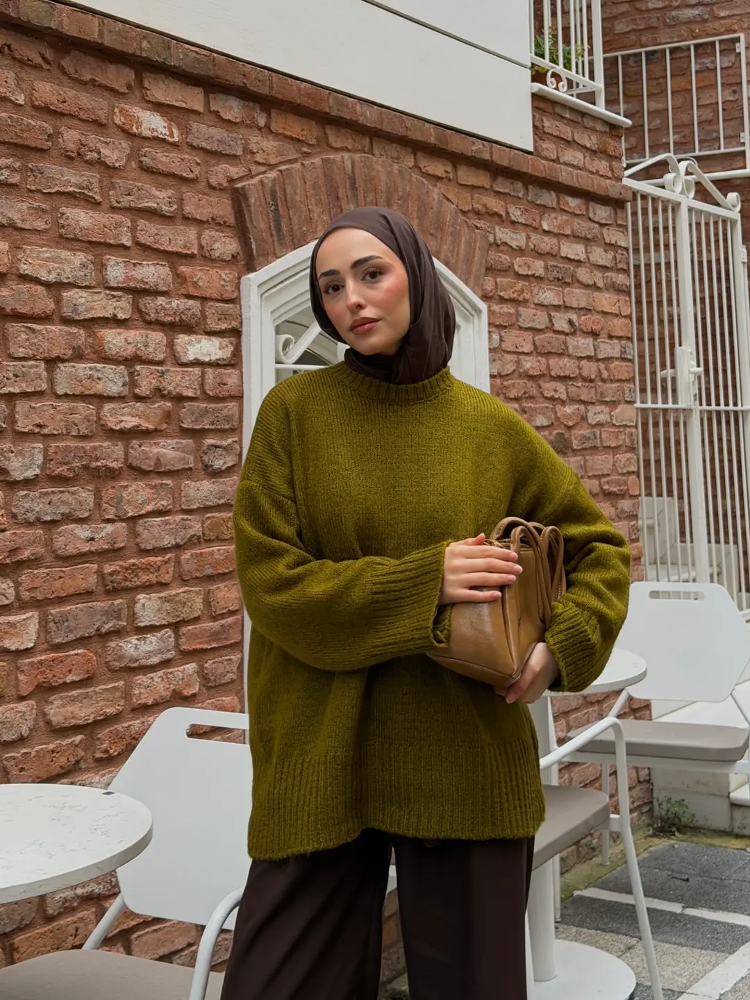 Çİft Kat Triko Kazak Zeytin Yeşili