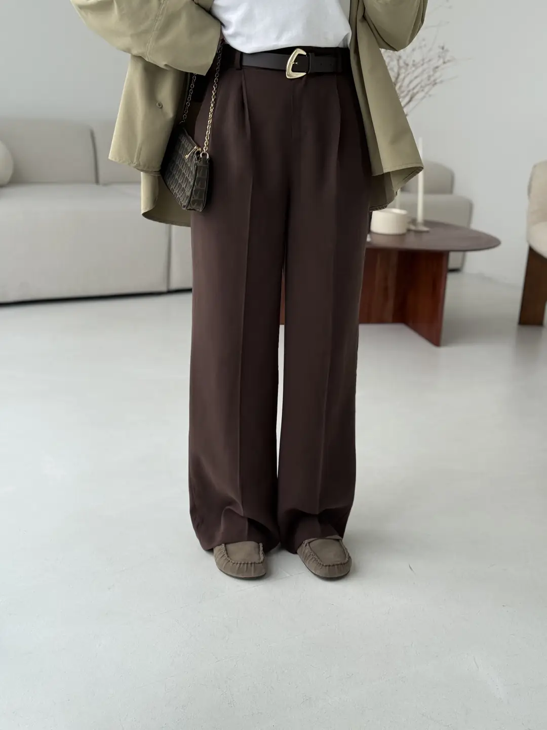 Çift Pileli Kemerli Pantolon Kahve - Görsel 3