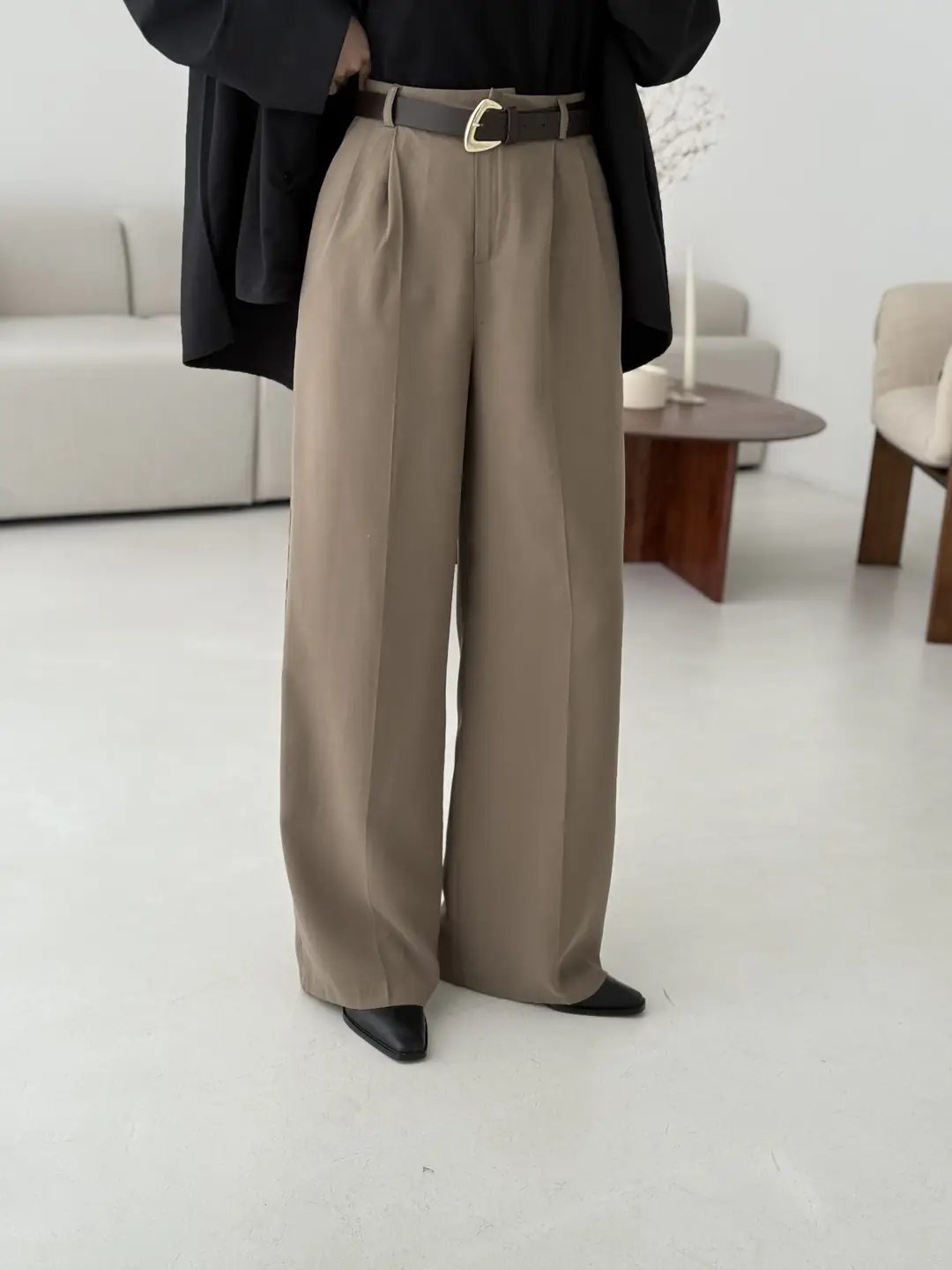 Çift Pileli Kemerli Pantolon Vizon - Görsel 2