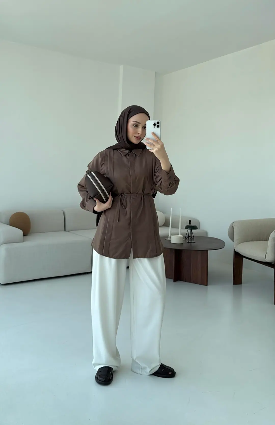 Çift Pileli Saten Bağlamalı Gömlek Kahve - Görsel 5