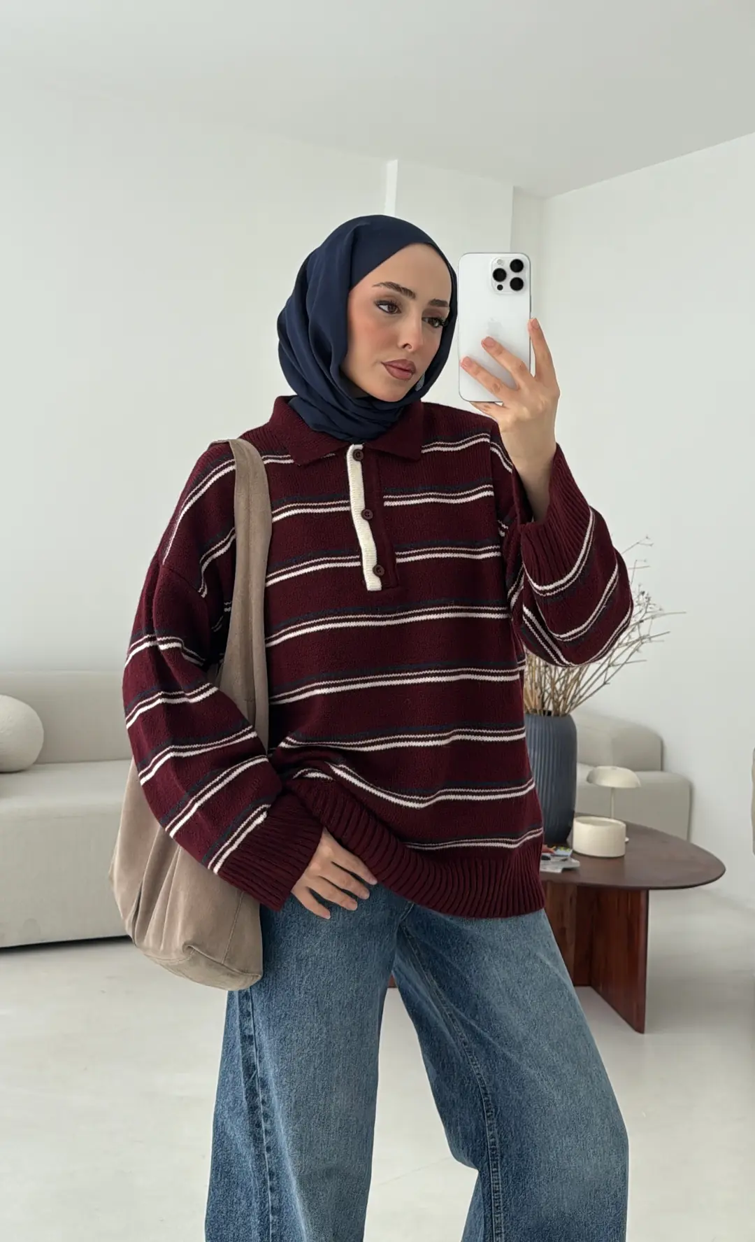 Çift Renk Polo Yaka  Kazak Bordo - Görsel 4