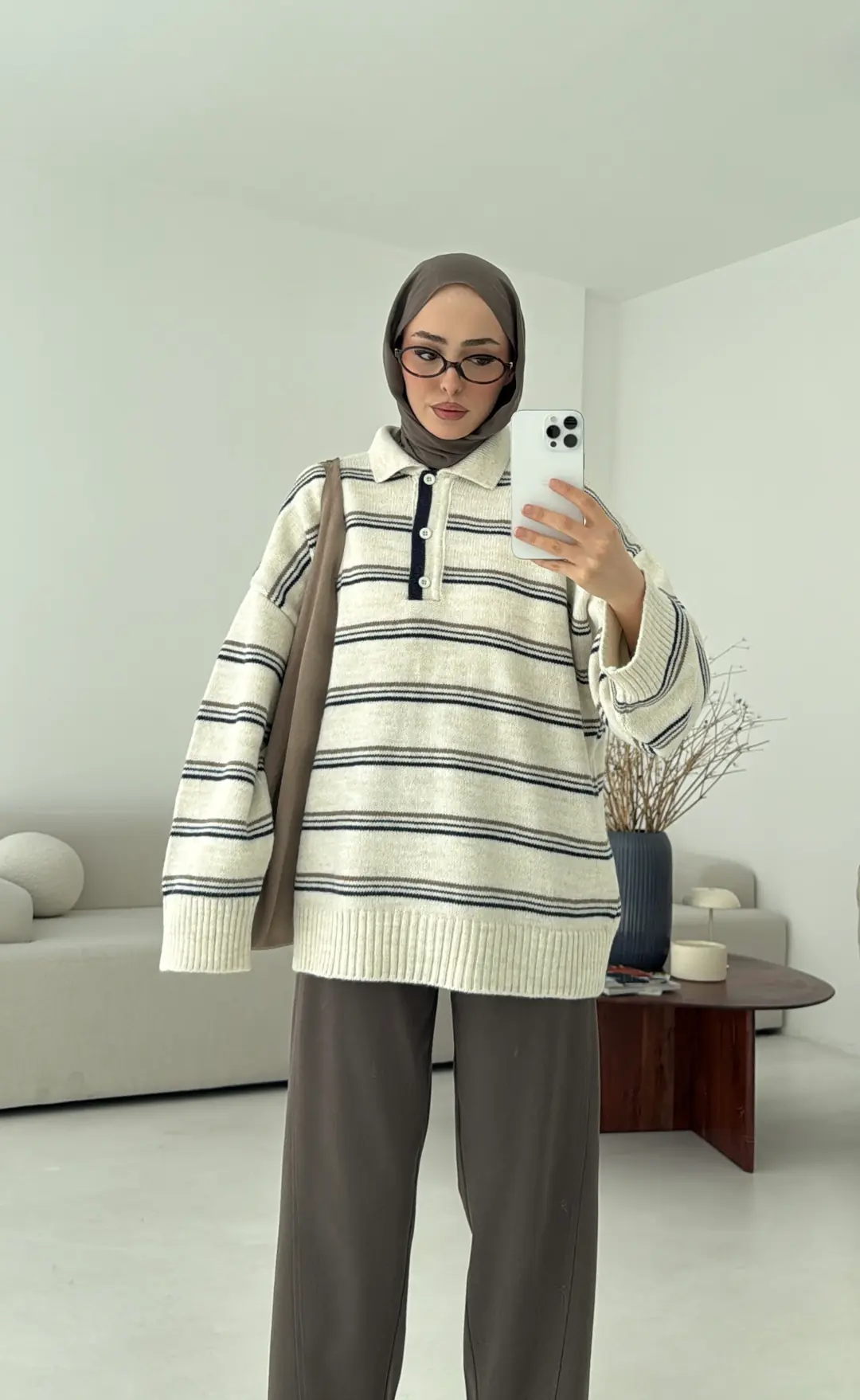 Çift Renk Polo Yaka  Kazak Ekru - Görsel 3