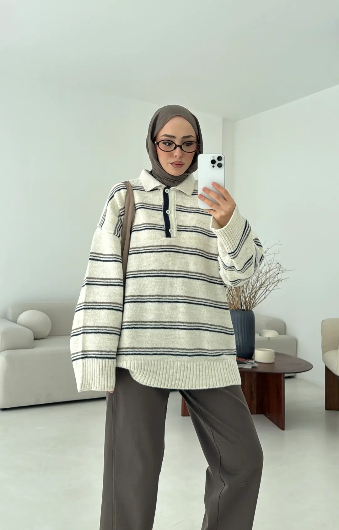 Çift Renk Polo Yaka  Kazak Ekru - Görsel 6