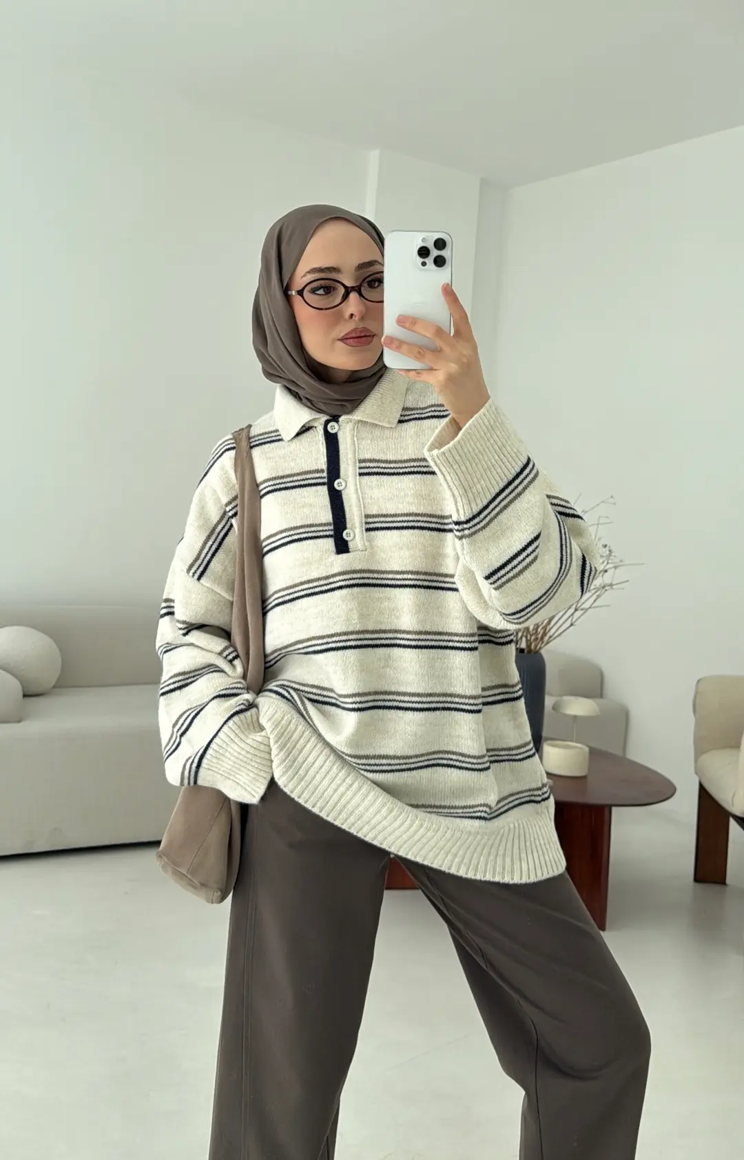 Çift Renk Polo Yaka  Kazak Ekru - Görsel 7