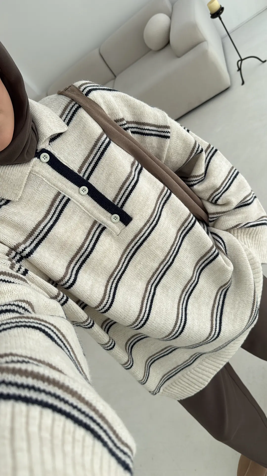 Çift Renk Polo Yaka  Kazak Ekru - Görsel 8