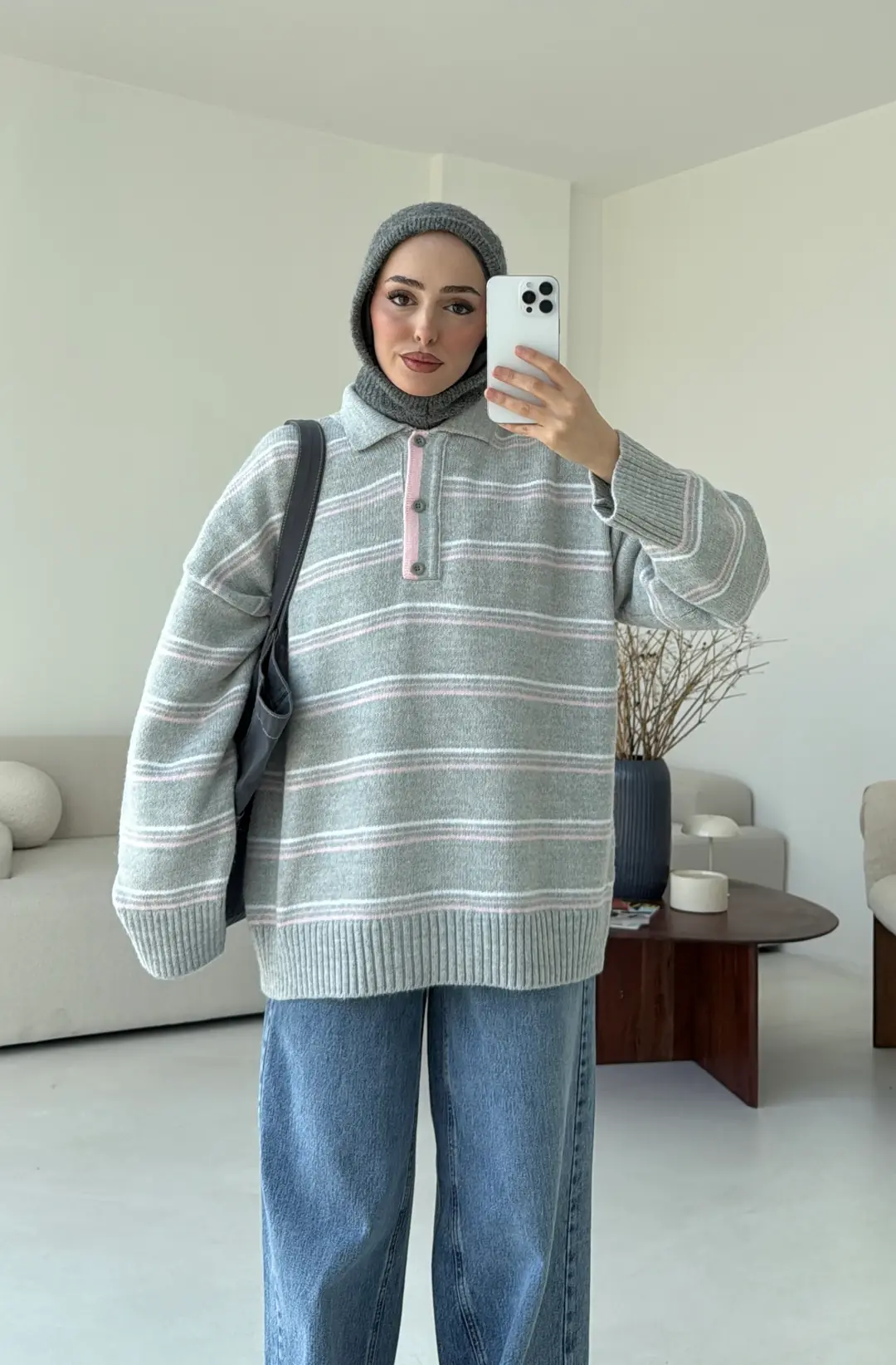 Çift Renk Polo Yaka  Kazak Gri