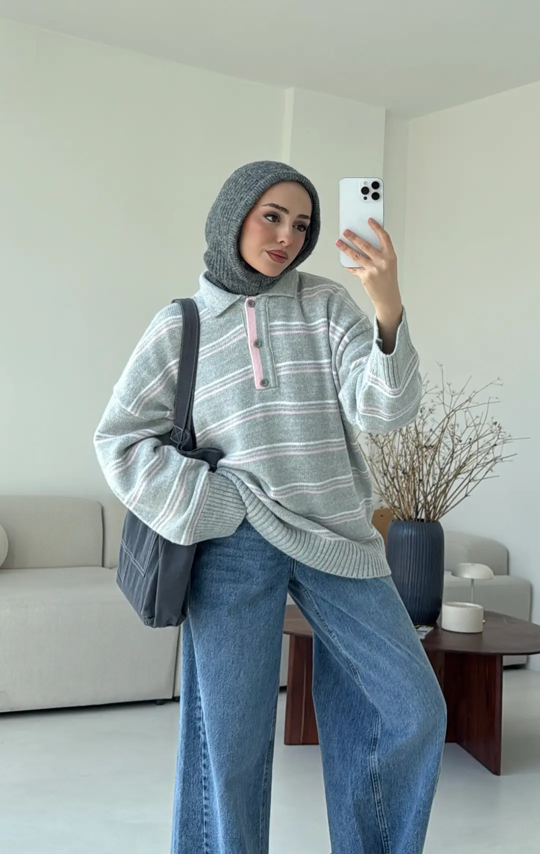 Çift Renk Polo Yaka  Kazak Gri - Görsel 2