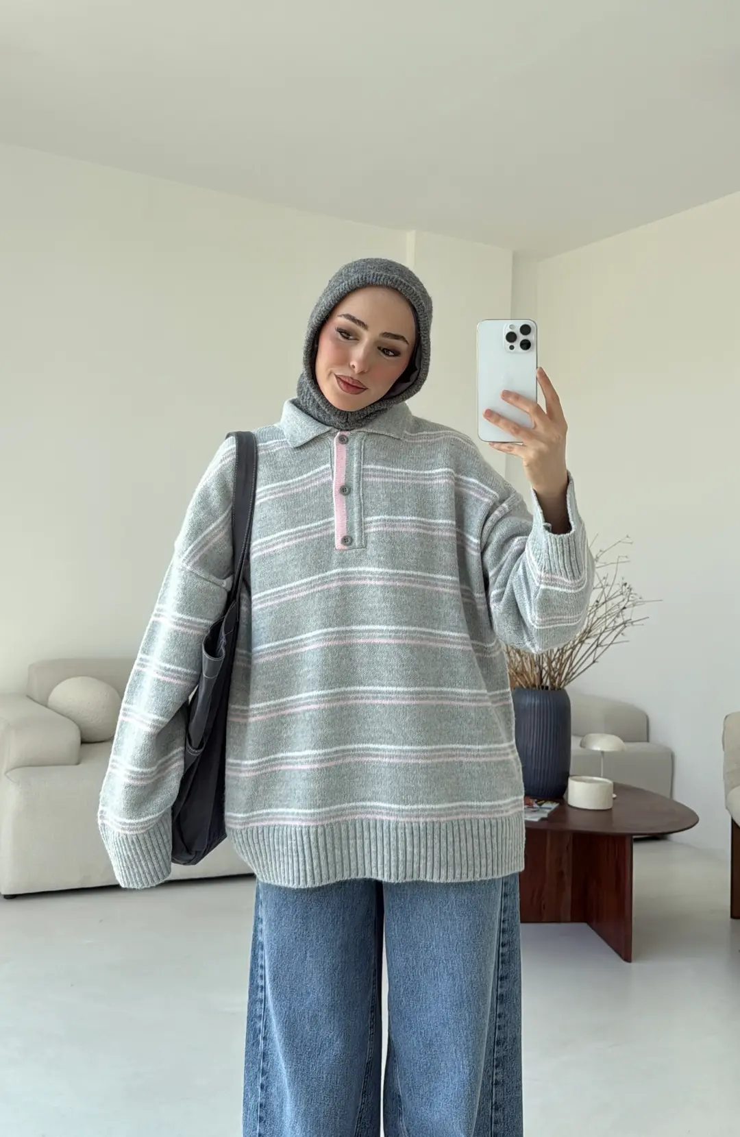 Çift Renk Polo Yaka  Kazak Gri - Görsel 7