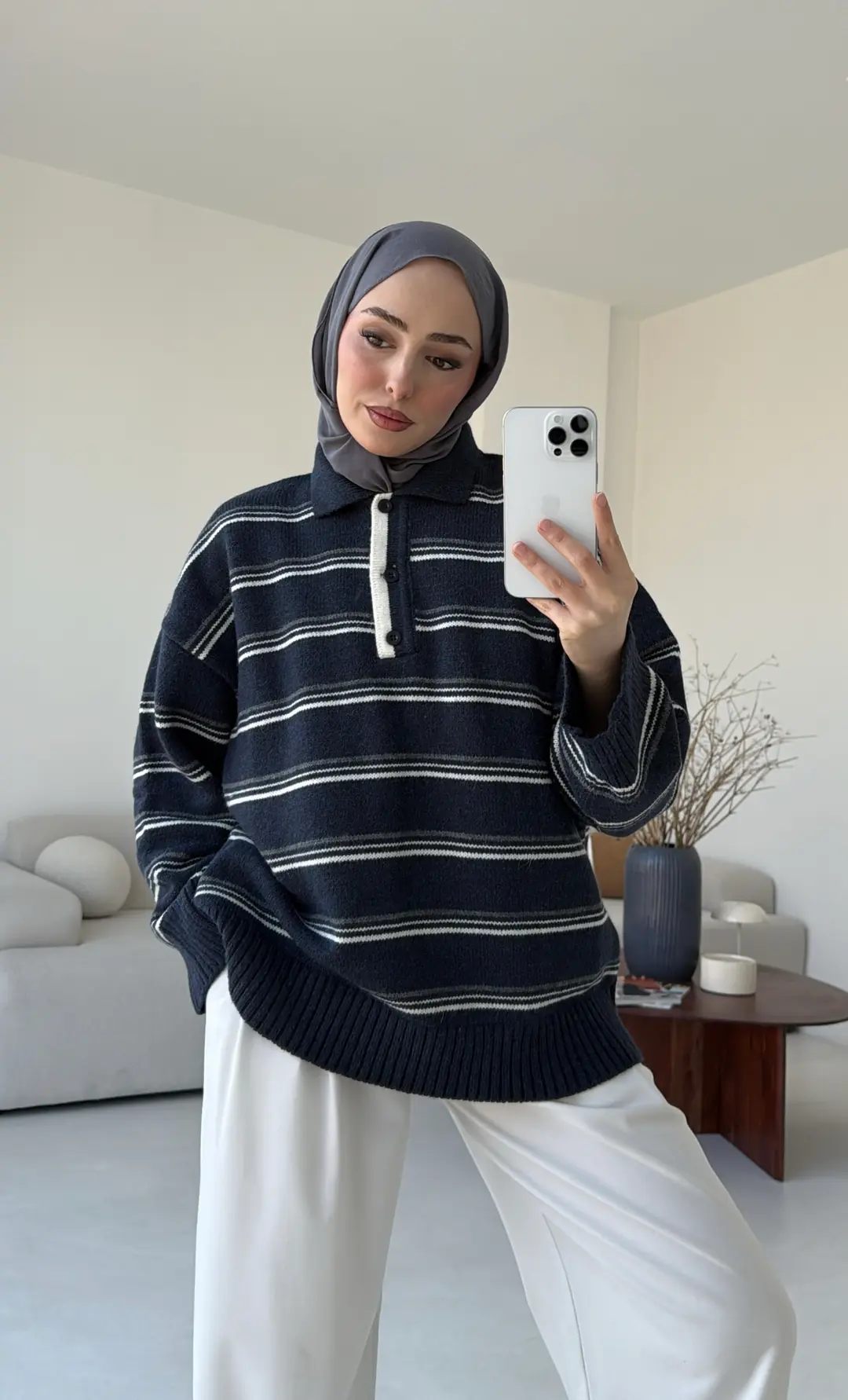 Çift Renk Polo Yaka  Kazak Lacivert - Görsel 2