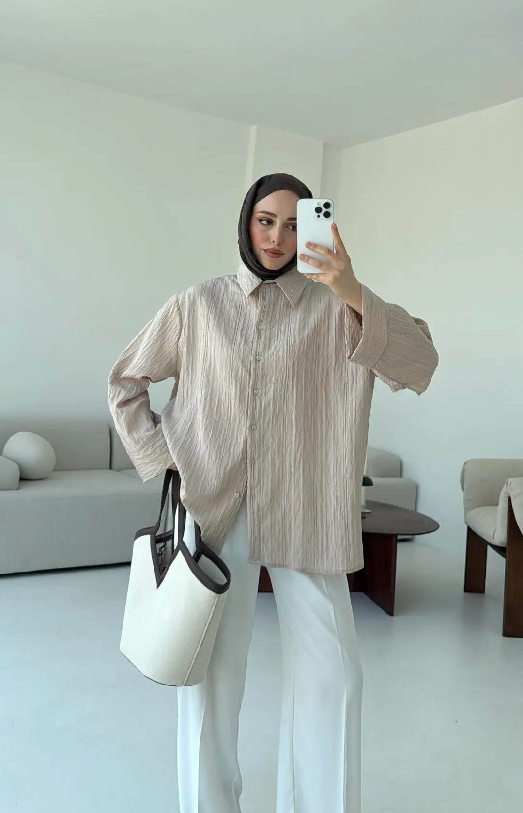 Çizgi Desenli Gömlek Bej