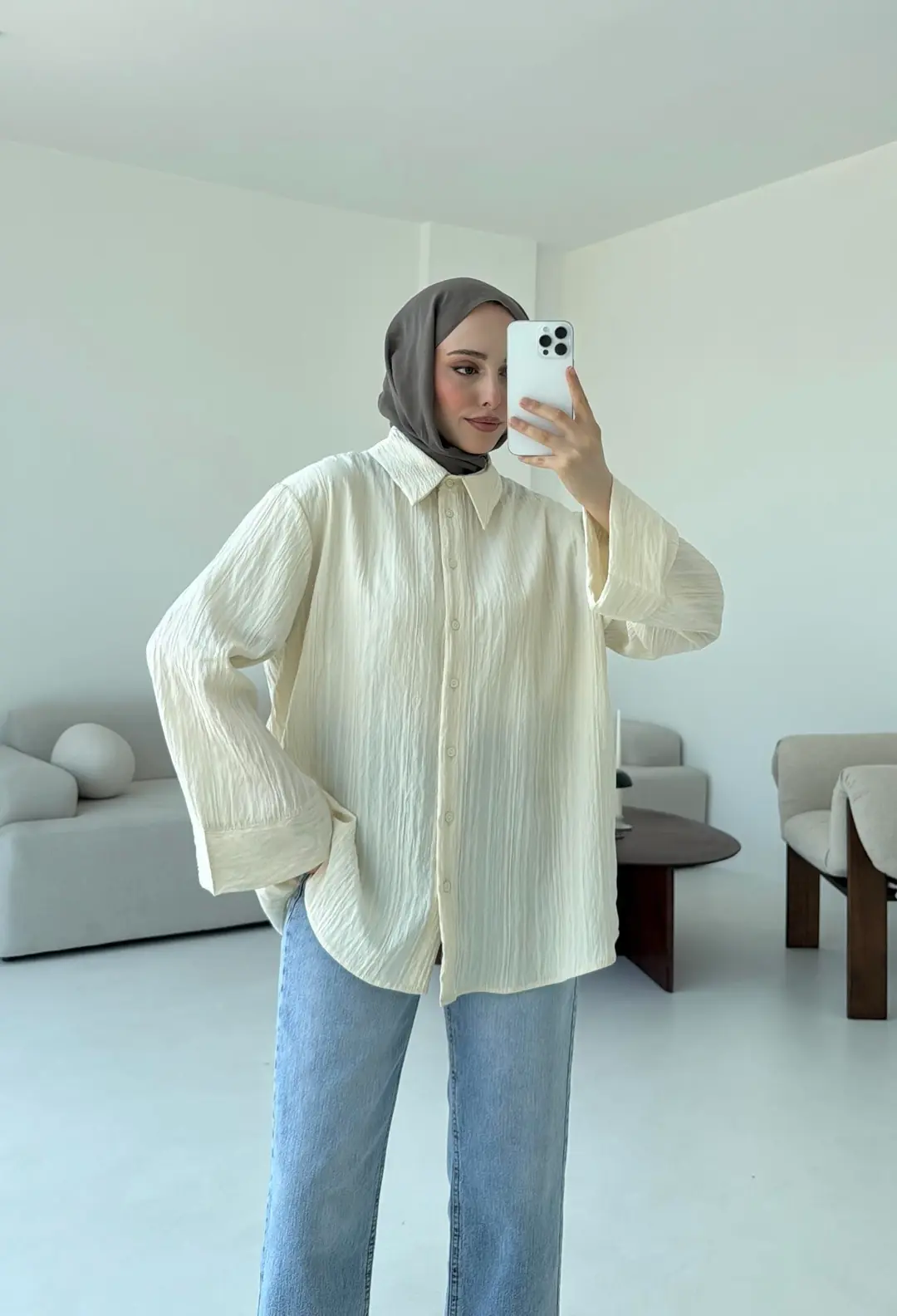 Çizgi Desenli Gömlek Krem - Görsel 2