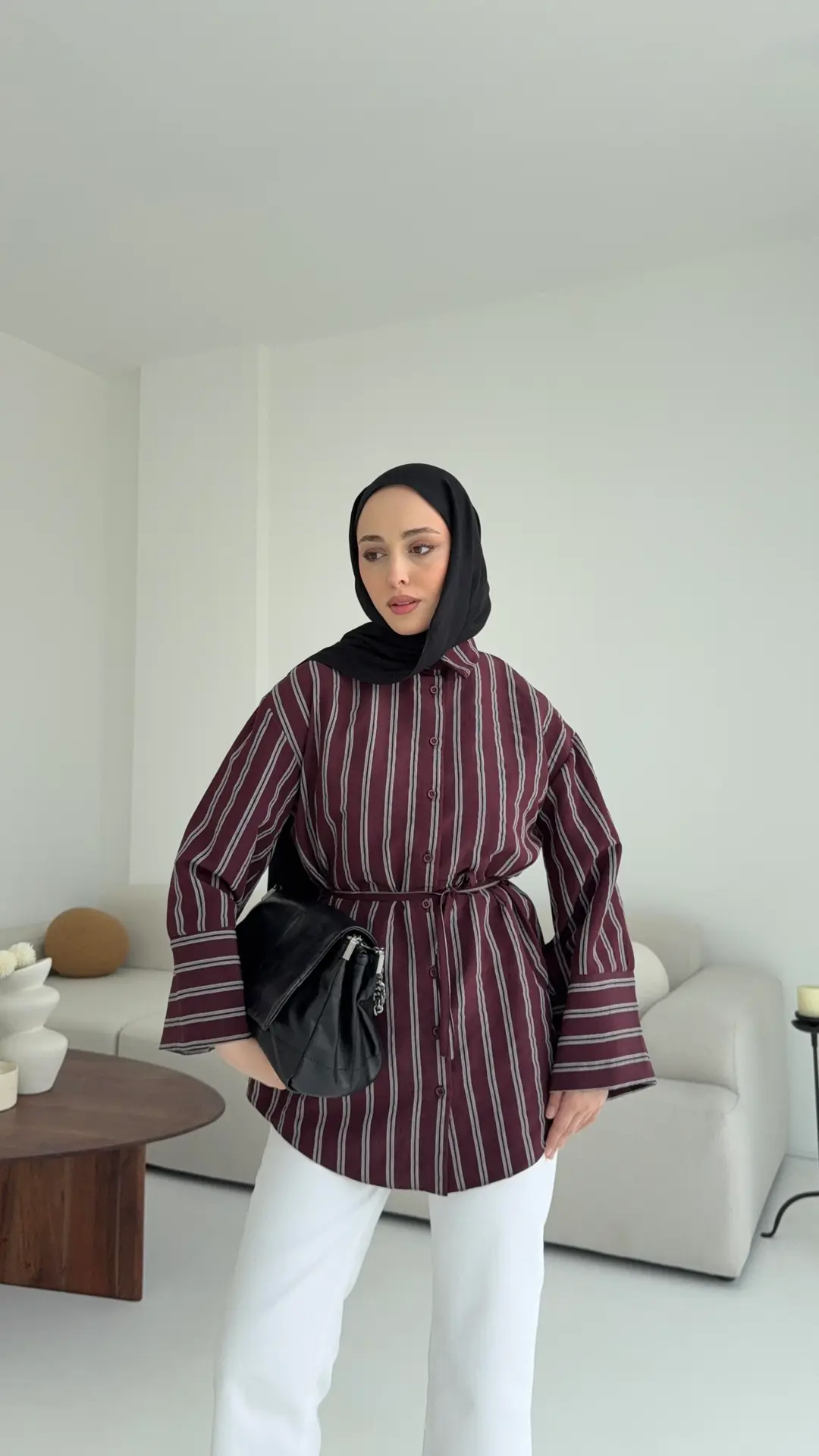 Çizgili Bağlamalı Gömlek Bordo - Görsel 3