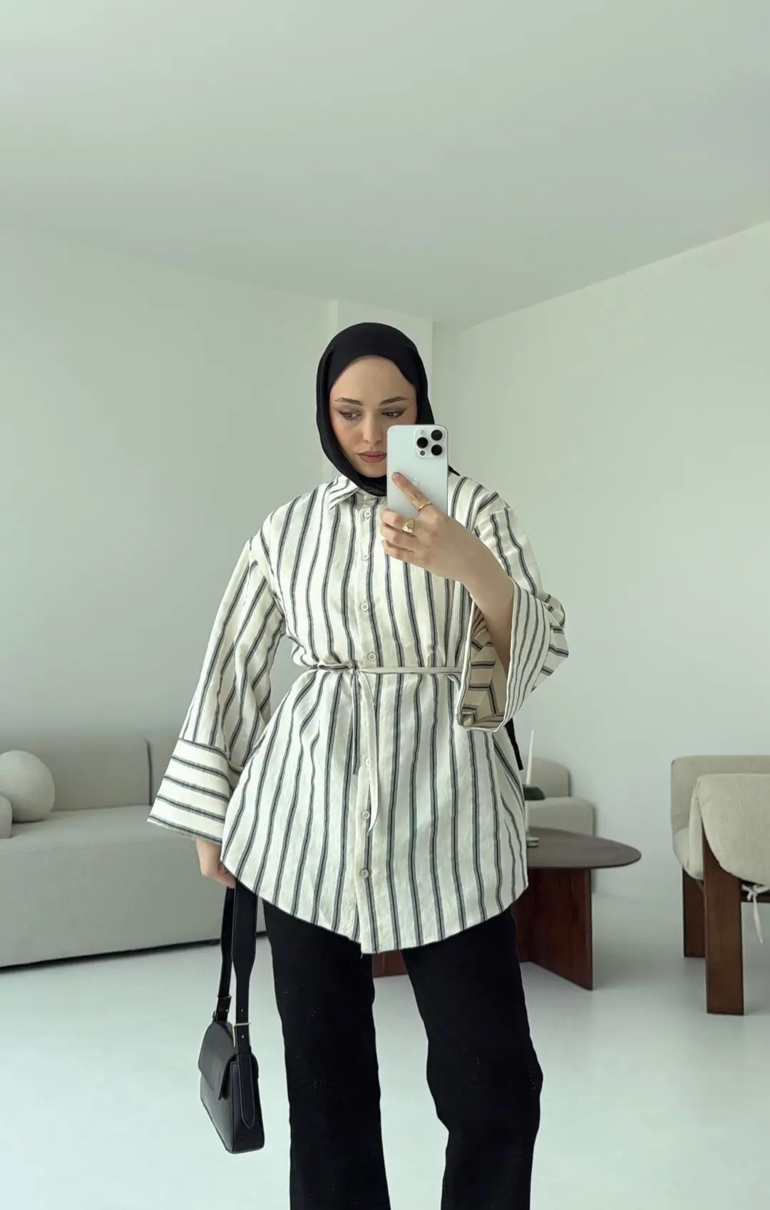 Çizgili Bağlamalı Gömlek Ekru