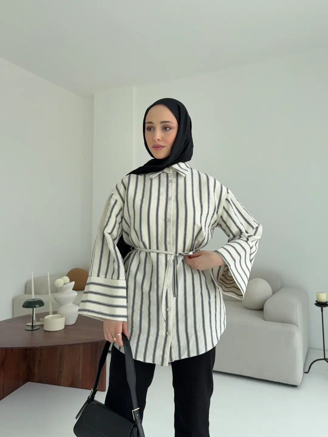 Çizgili Bağlamalı Gömlek Ekru - Görsel 7