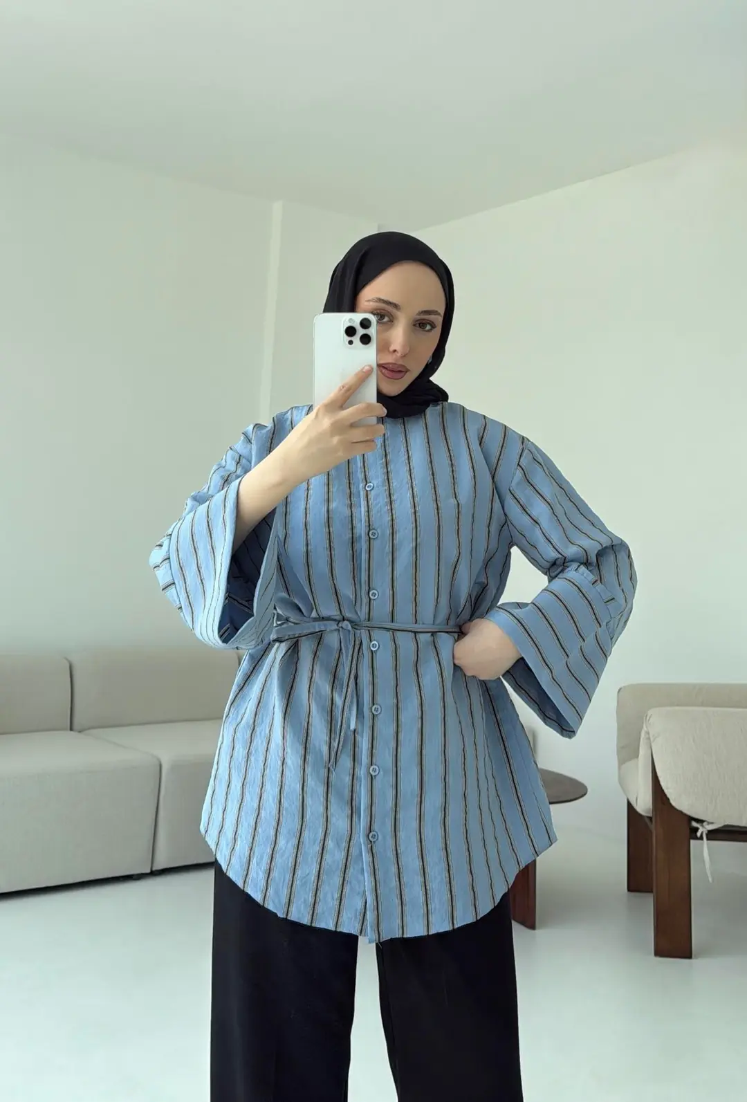 Çizgili Bağlamalı Gömlek Mavi - Görsel 3