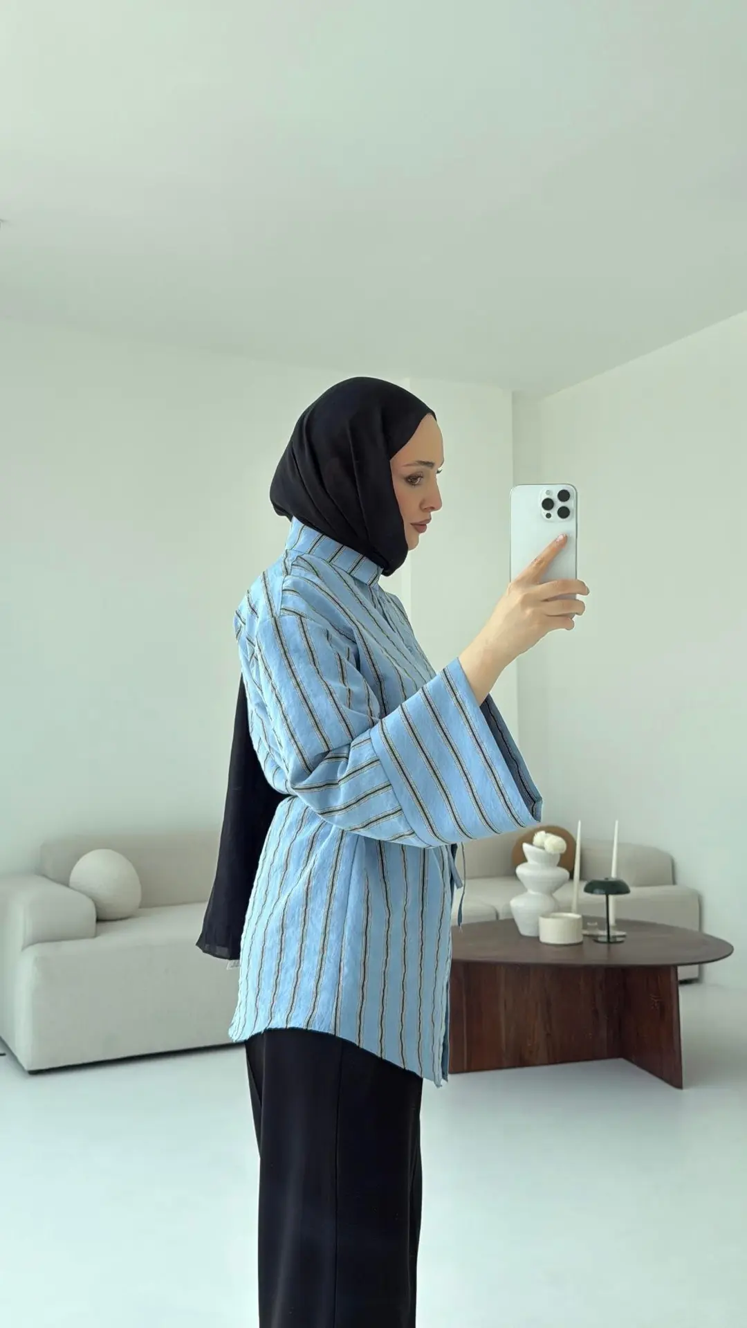 Çizgili Bağlamalı Gömlek Mavi - Görsel 4