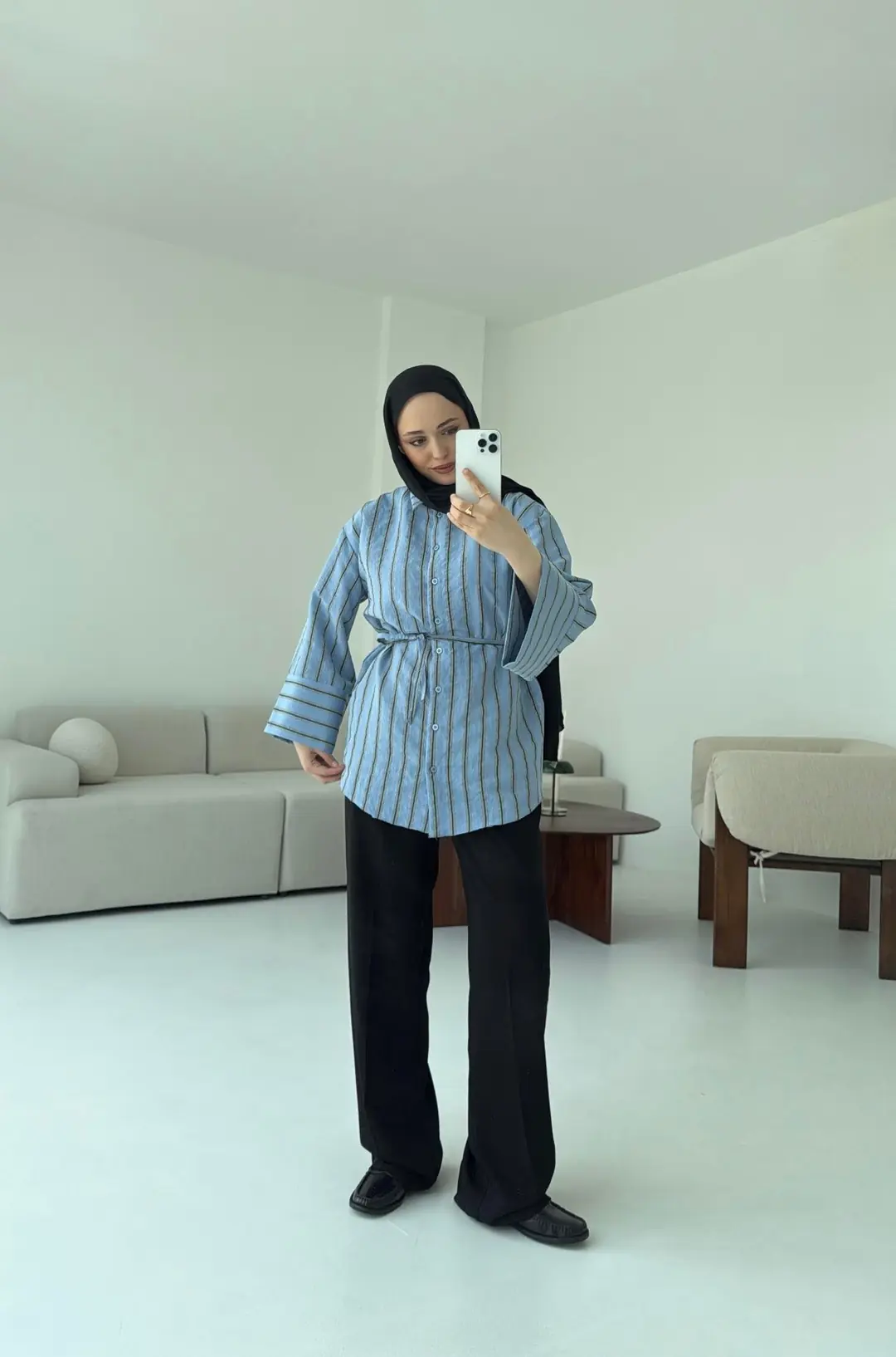 Çizgili Bağlamalı Gömlek Mavi - Görsel 5