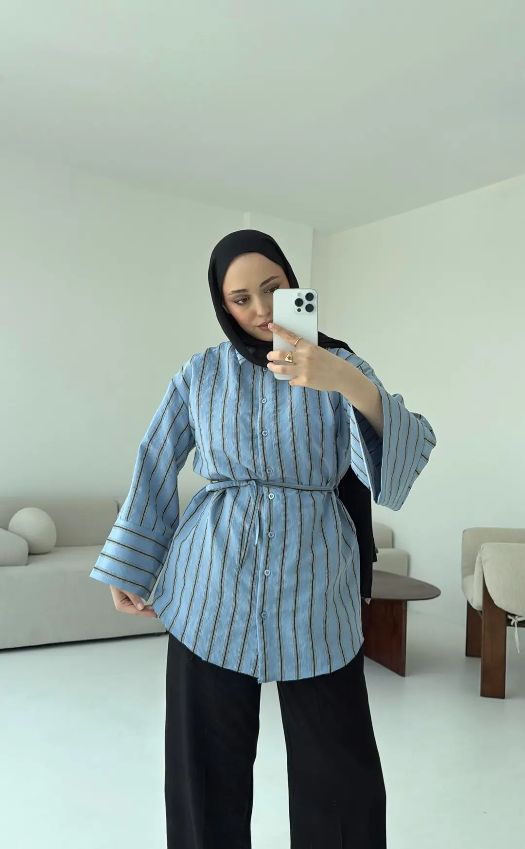 Çizgili Bağlamalı Gömlek Mavi - Görsel 6