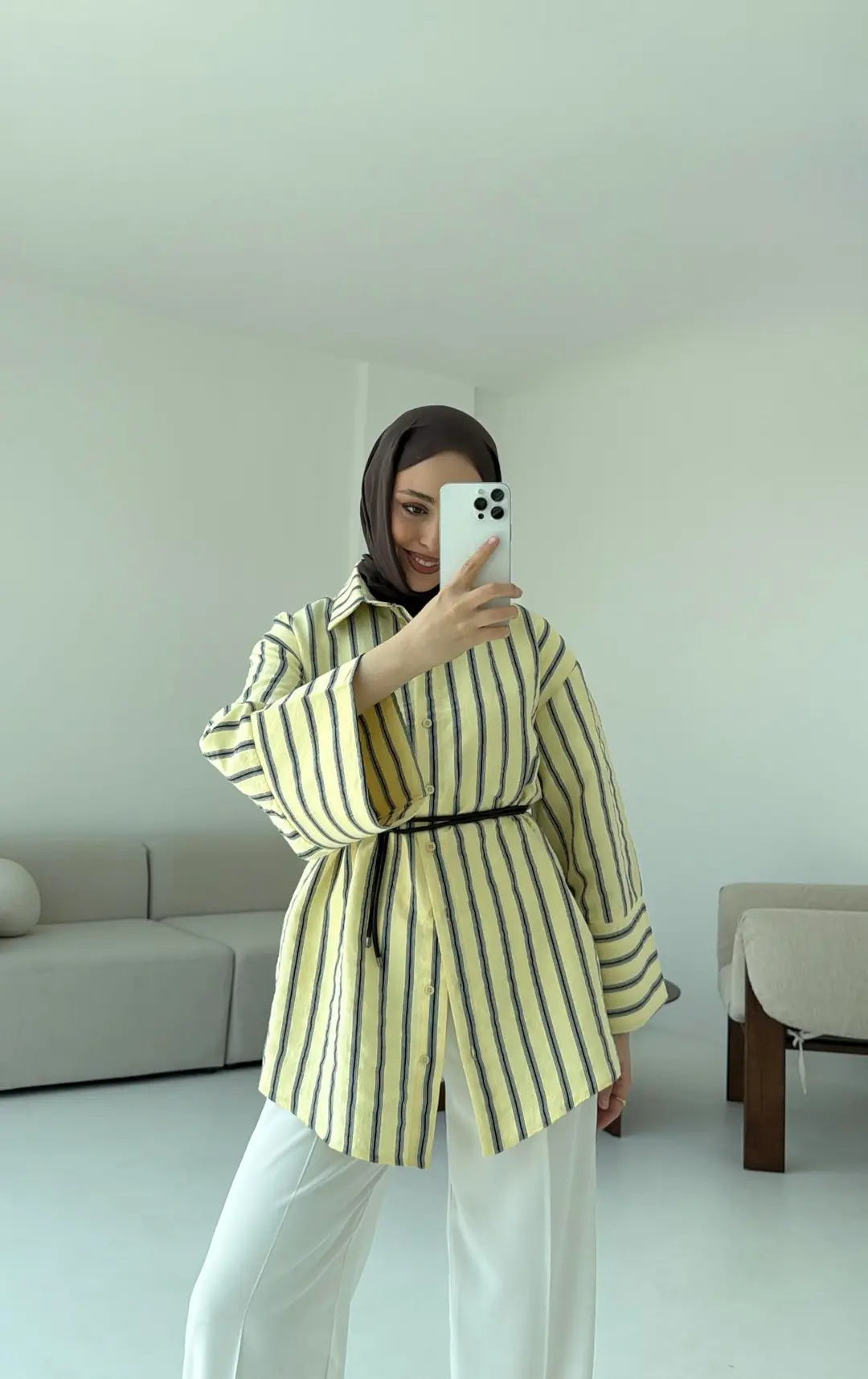 Çizgili Bağlamalı Gömlek Sarı - Görsel 5