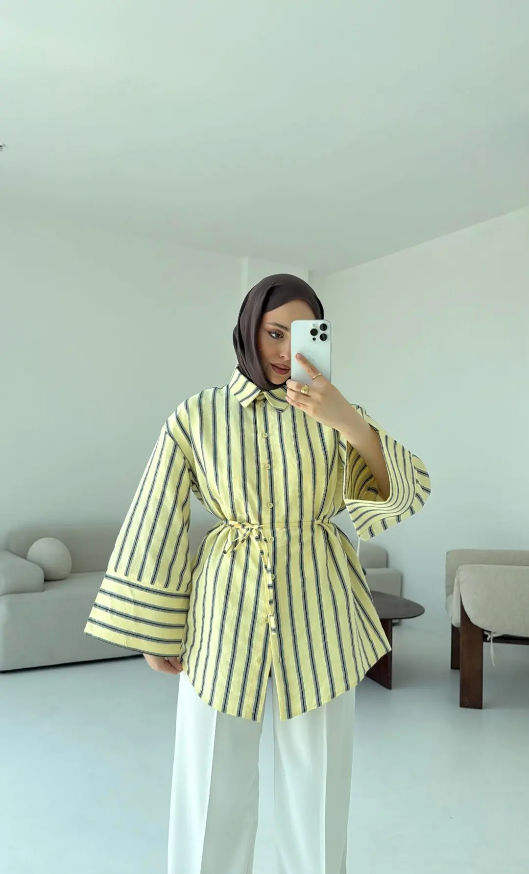 Çizgili Bağlamalı Gömlek Sarı - Görsel 4