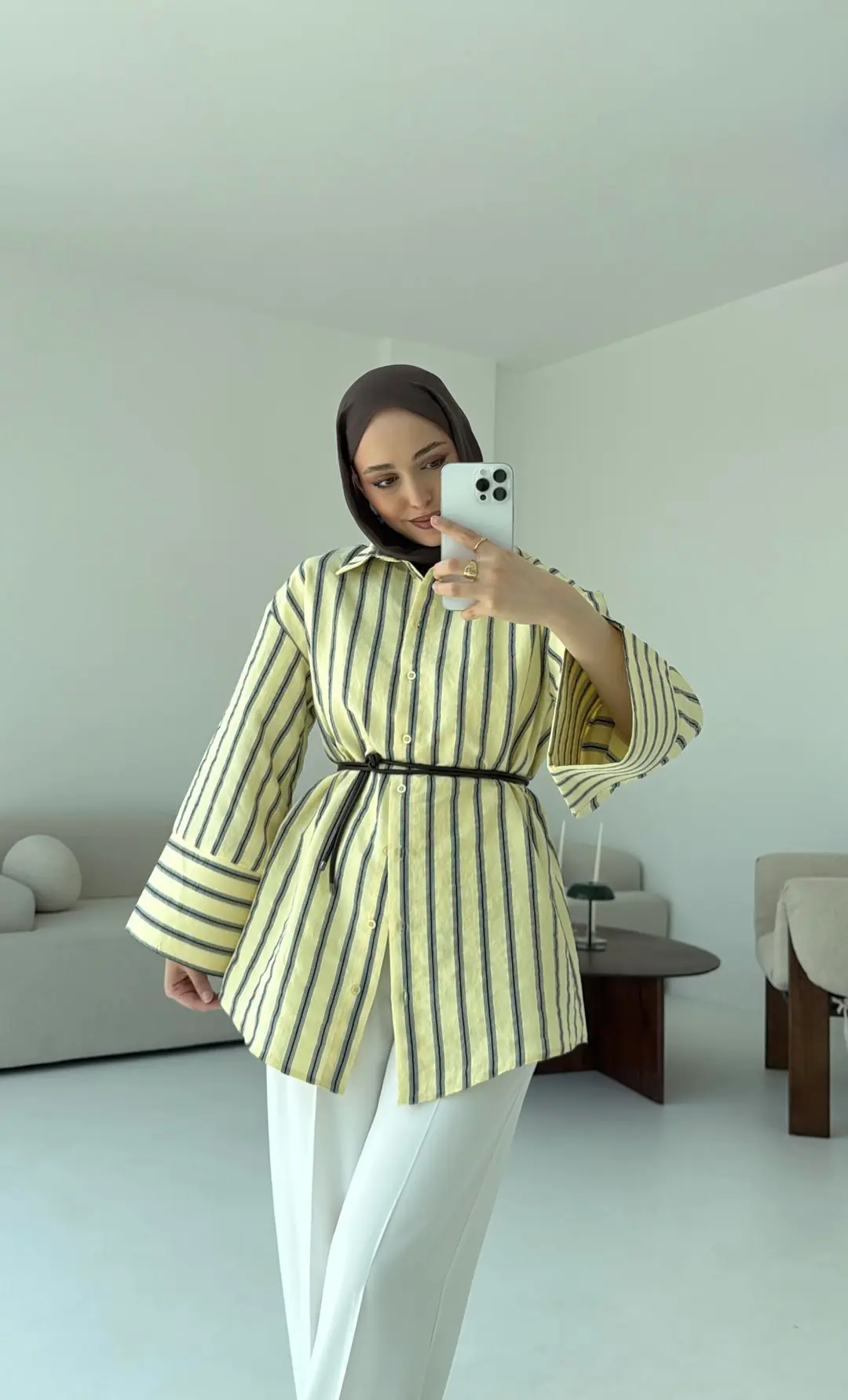 Çizgili Bağlamalı Gömlek Sarı - Görsel 6