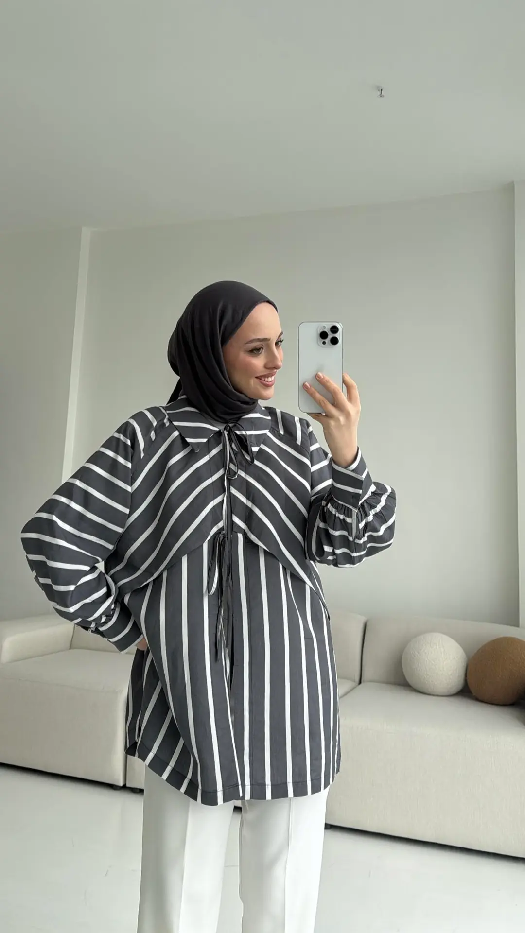 Çizgili Bağlamalı Kimono Antrasit - Görsel 2