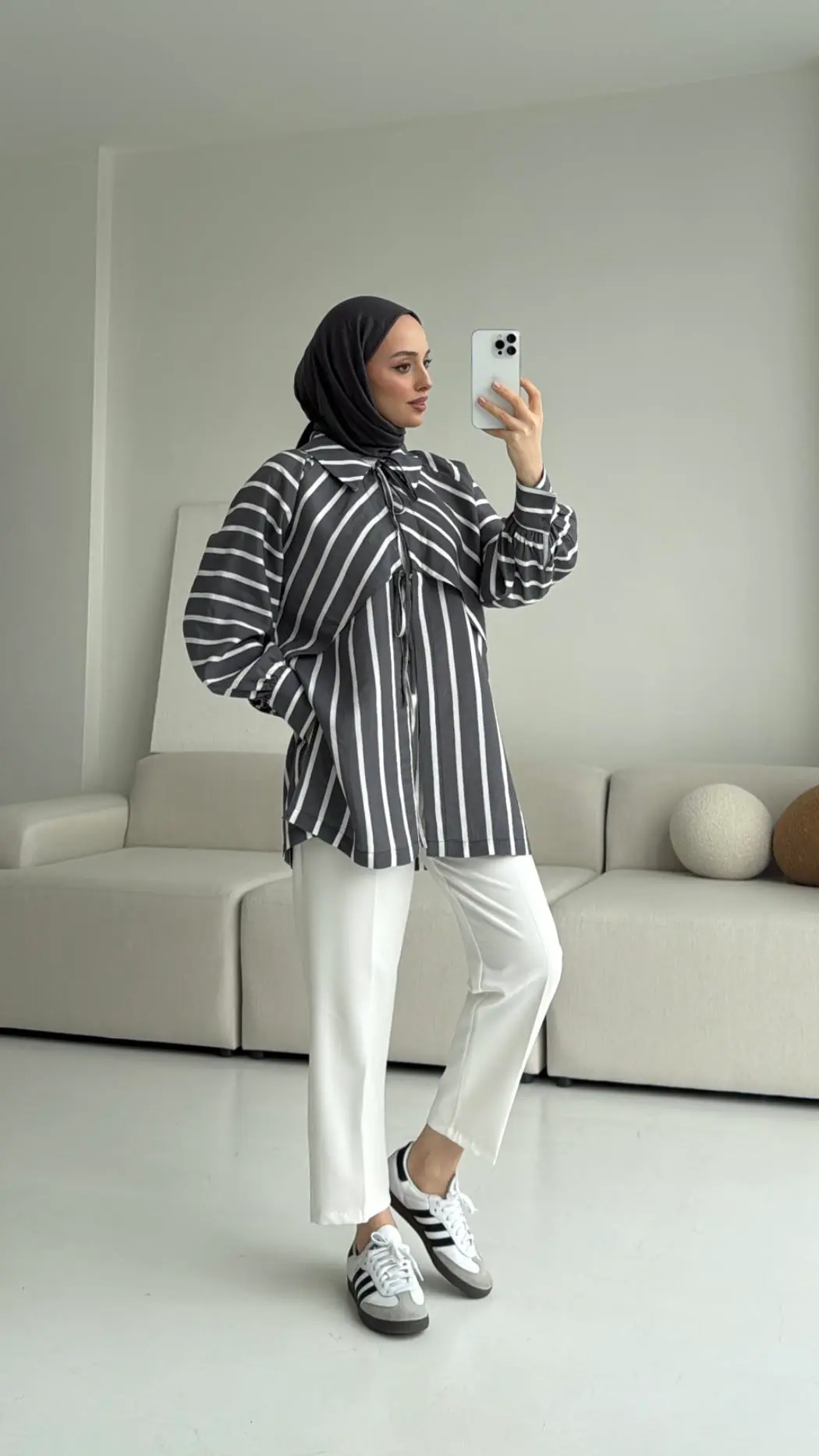 Çizgili Bağlamalı Kimono Antrasit - Görsel 4