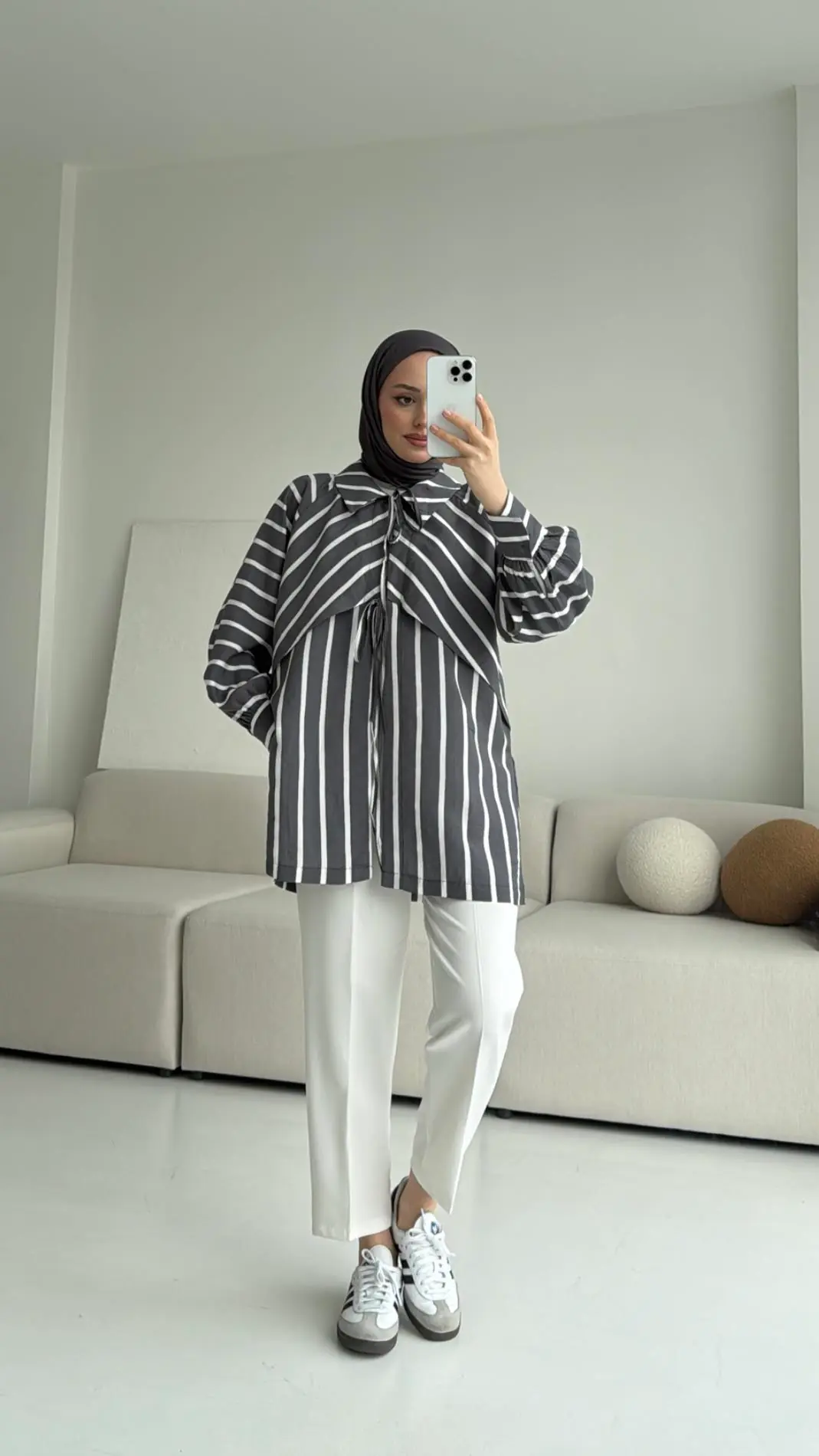 Çizgili Bağlamalı Kimono Antrasit - Görsel 5