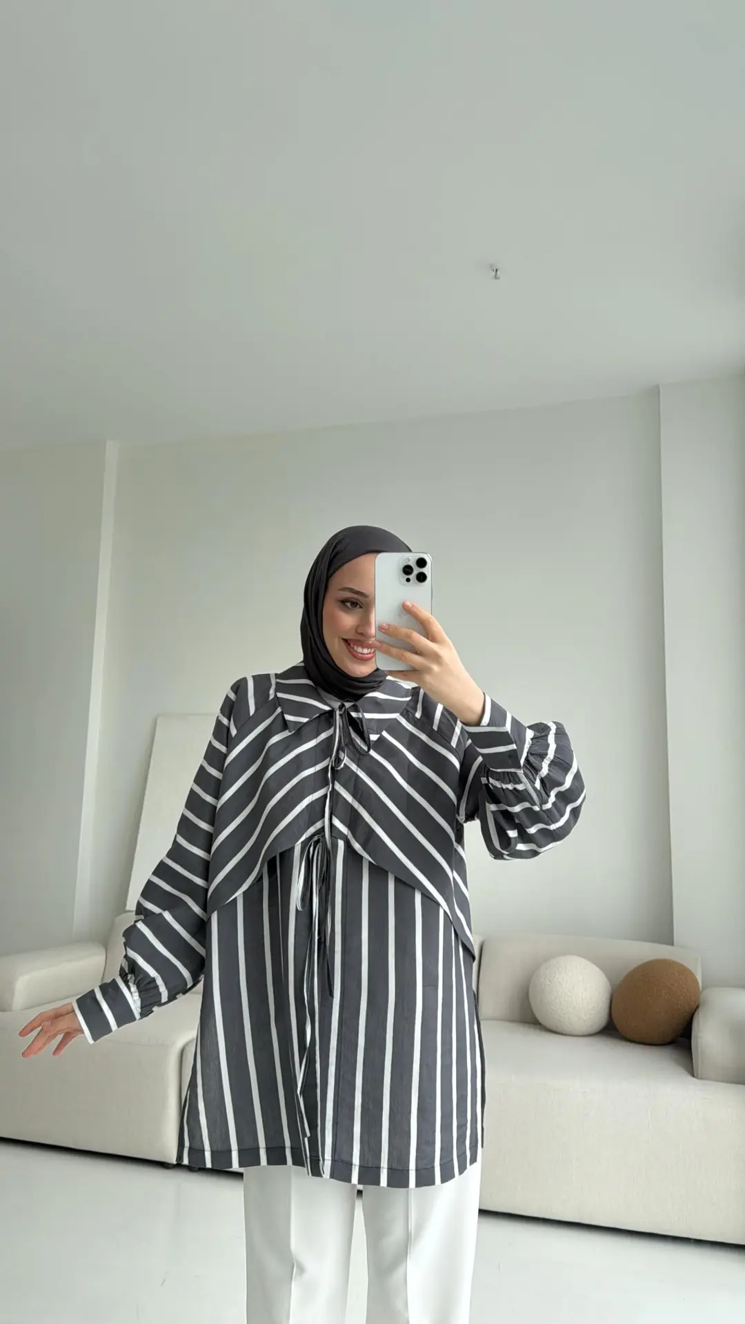 Çizgili Bağlamalı Kimono Antrasit - Görsel 6