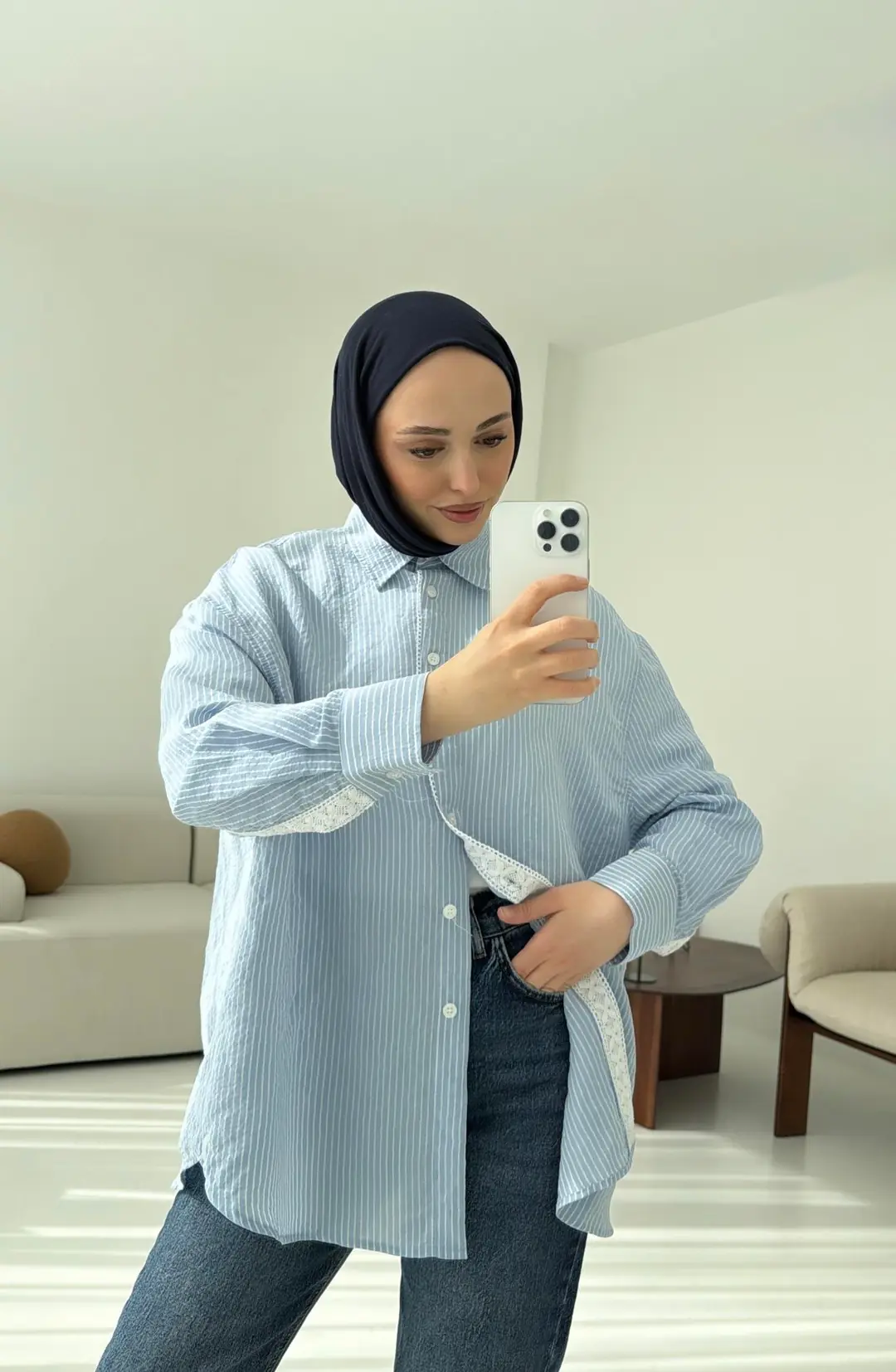 Çizgili Dantel Detay Gömlek - Görsel 4