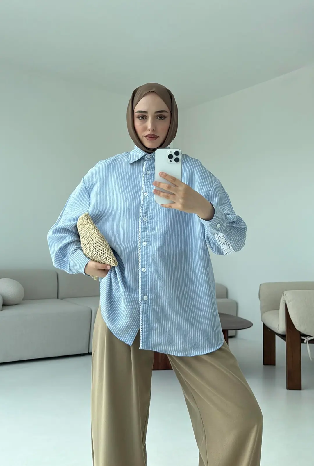 Çizgili Dantel Detay Gömlek Mavi