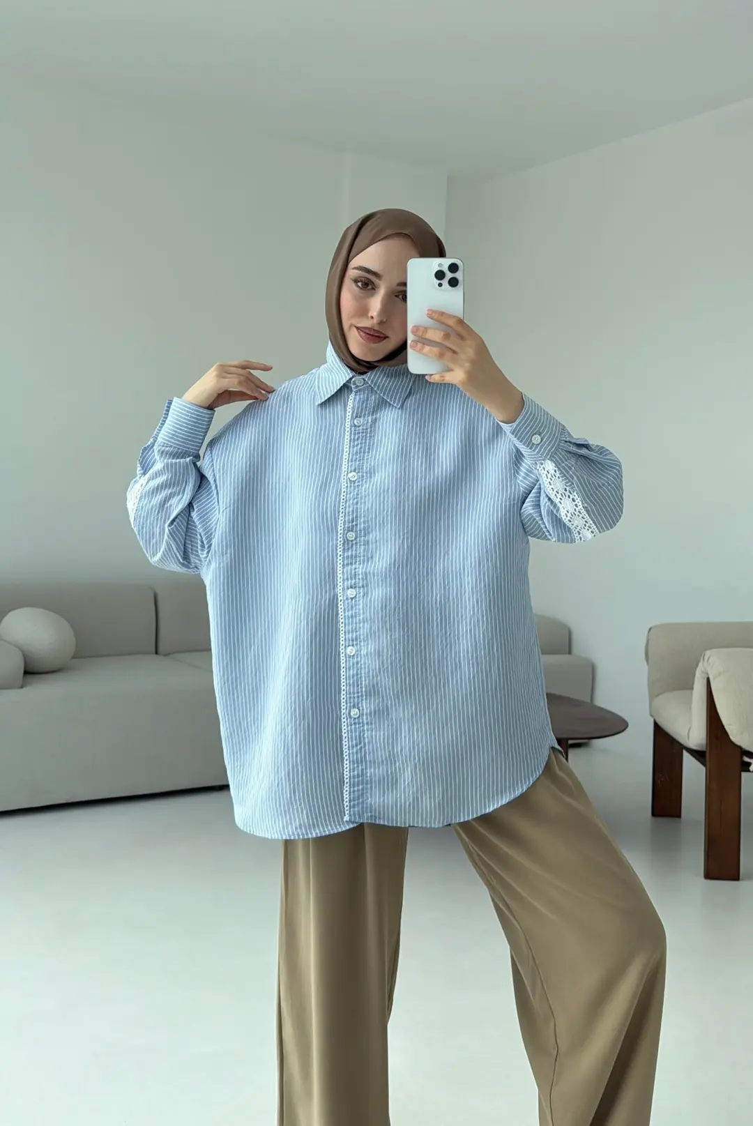 Çizgili Dantel Detay Gömlek Mavi - Görsel 2