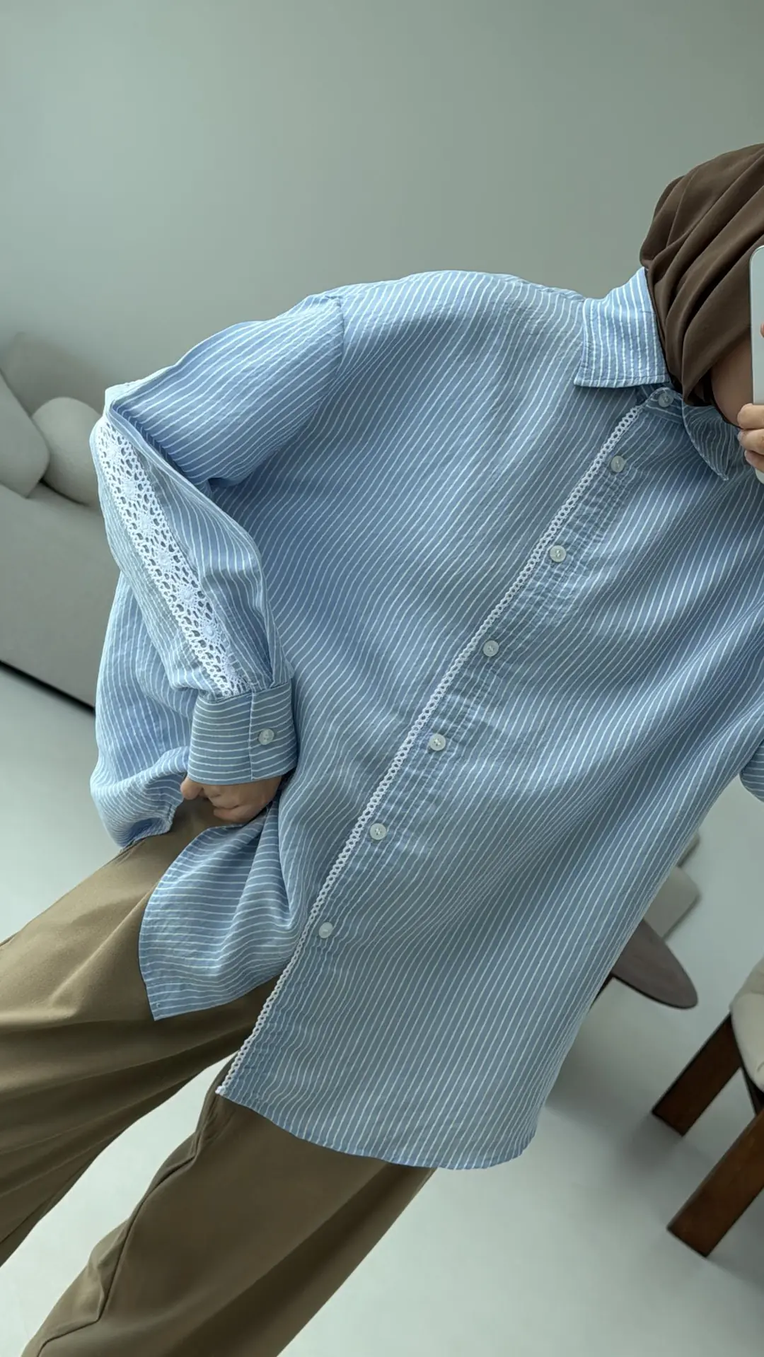 Çizgili Dantel Detay Gömlek Mavi - Görsel 4